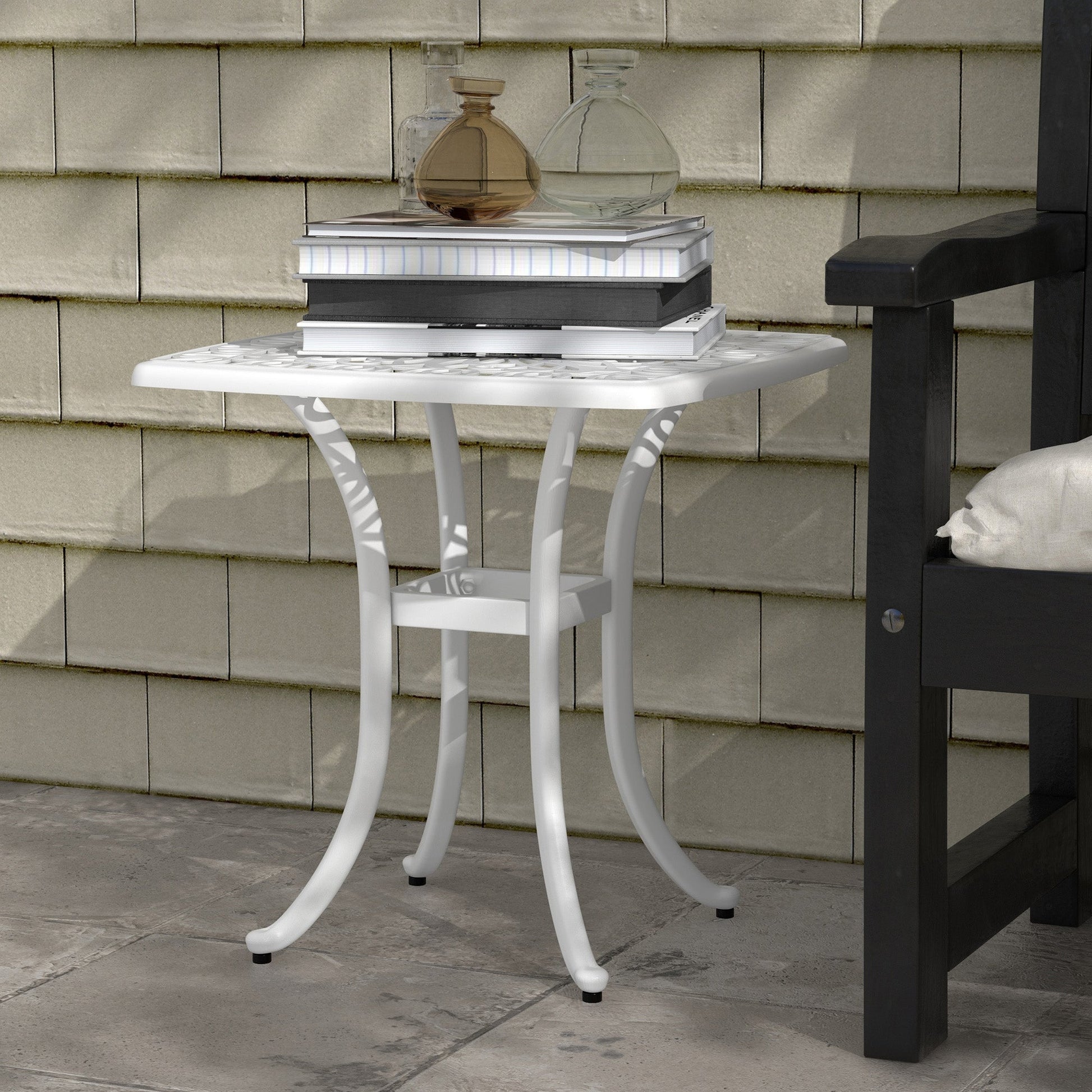 Cast Aluminum Outdoor Side Table, 21" Square Patio End Table with Umbrella Hole, Bistro Table for Garden, Balcony, Poolside, White