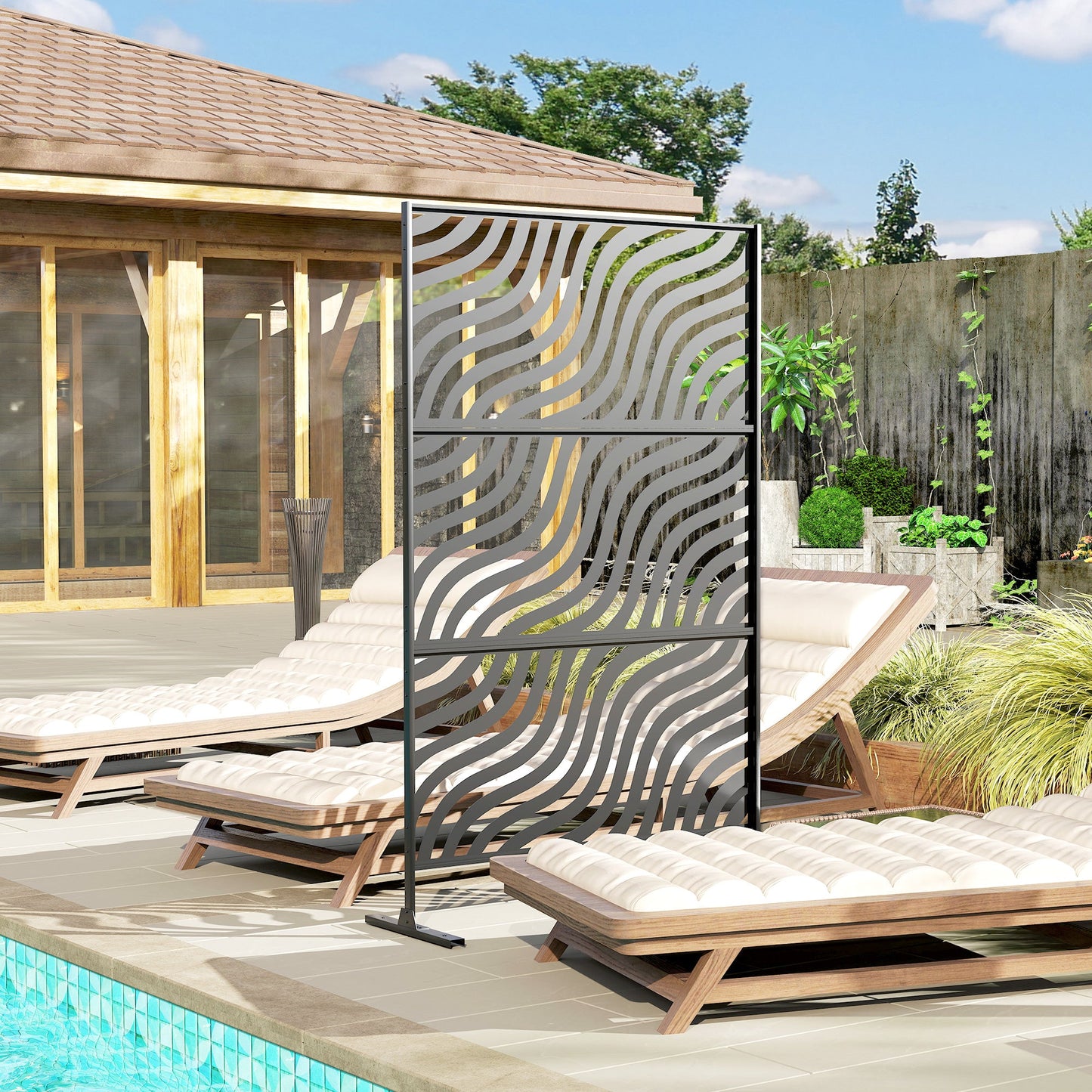 Metal Outdoor Privacy Screen, 78" x 48" Freestanding Outdoor Divider with Stand, Decorative Privacy Panel with Ripple Cut-out Design for Garden Patio Backyard, Black