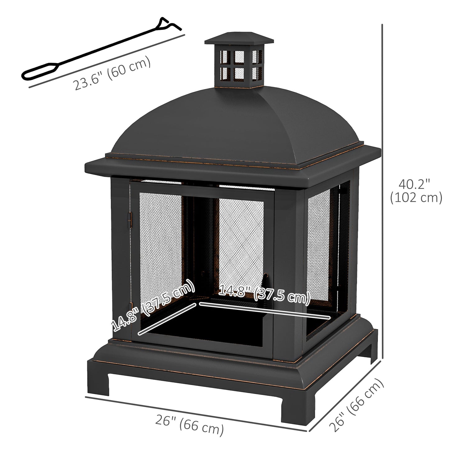 26" Fire Pit with Chimney Style, Outdoor Wood Burning Firepit with Spark Guard and Poker, Steel, Black