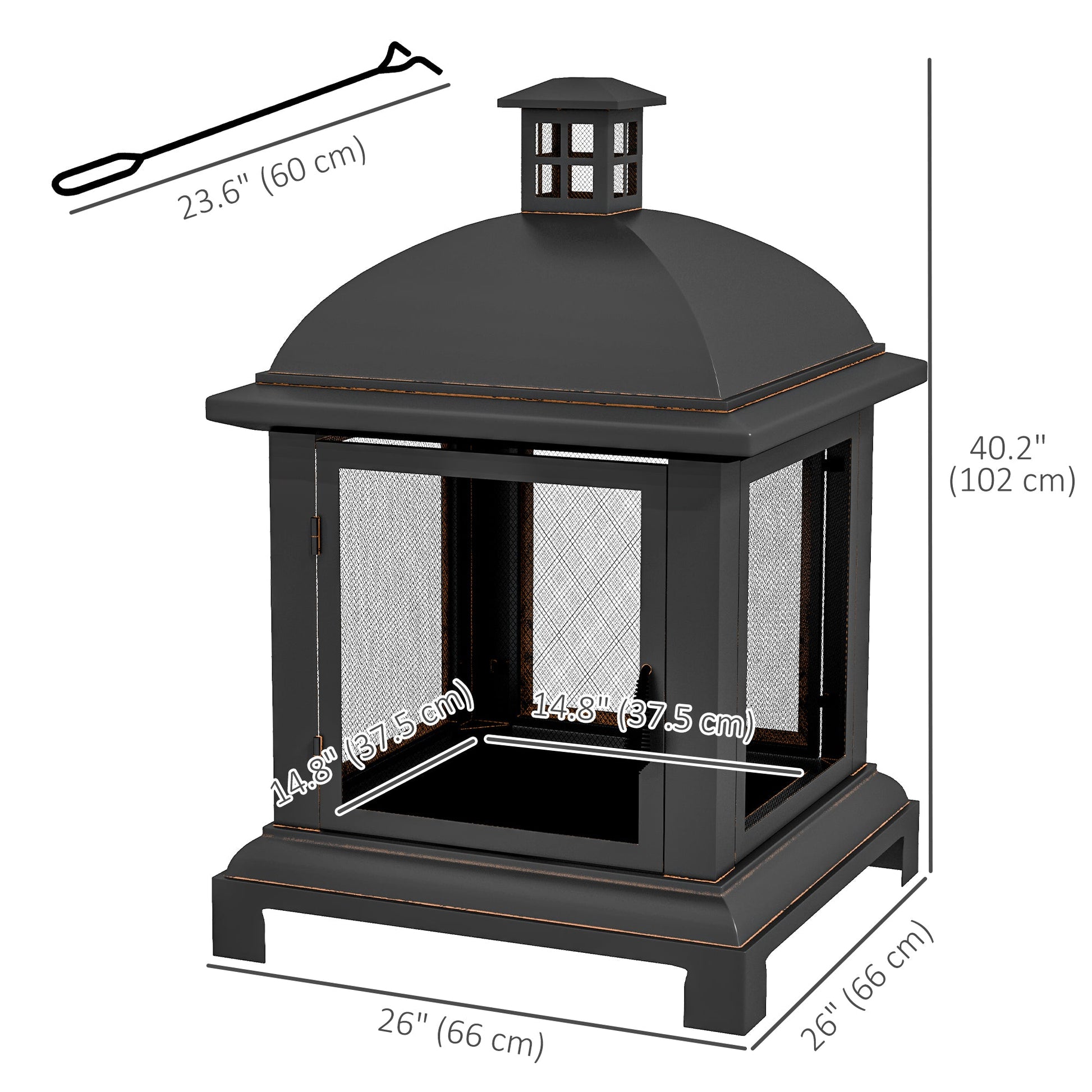 26" Fire Pit with Chimney Style, Outdoor Wood Burning Firepit with Spark Guard and Poker, Steel, Black
