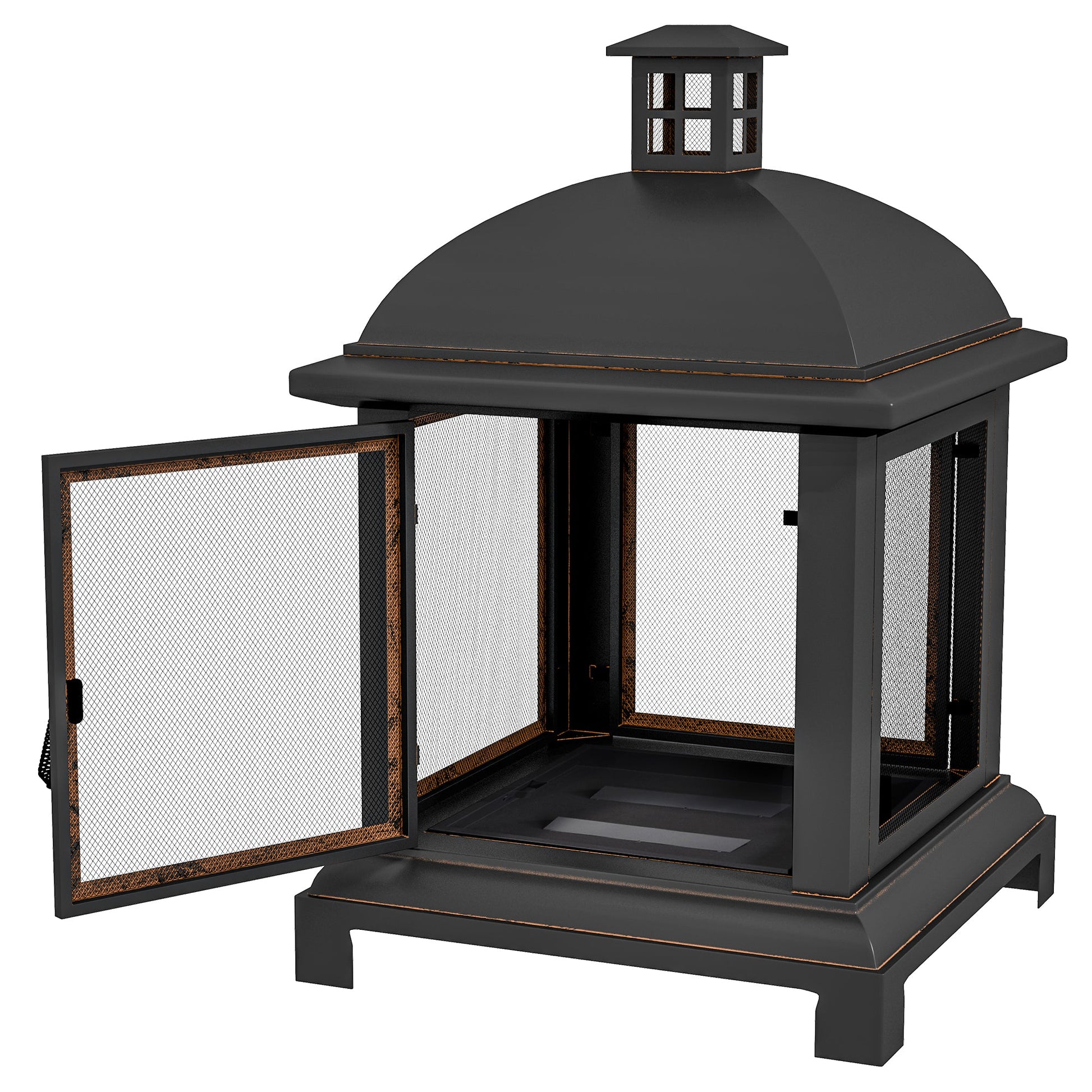 26" Fire Pit with Chimney Style, Outdoor Wood Burning Firepit with Spark Guard and Poker, Steel, Black
