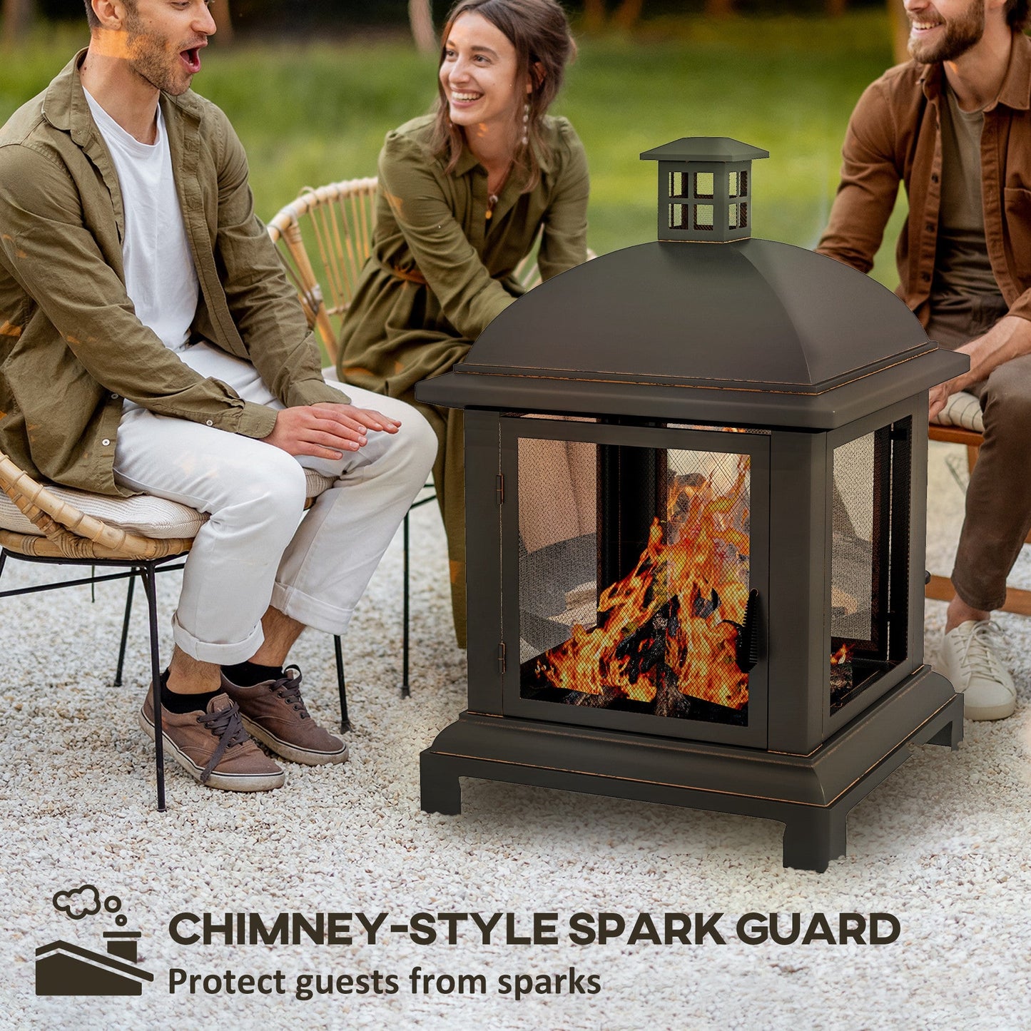 26" Fire Pit with Chimney Style, Outdoor Wood Burning Firepit with Spark Guard and Poker, Steel, Black