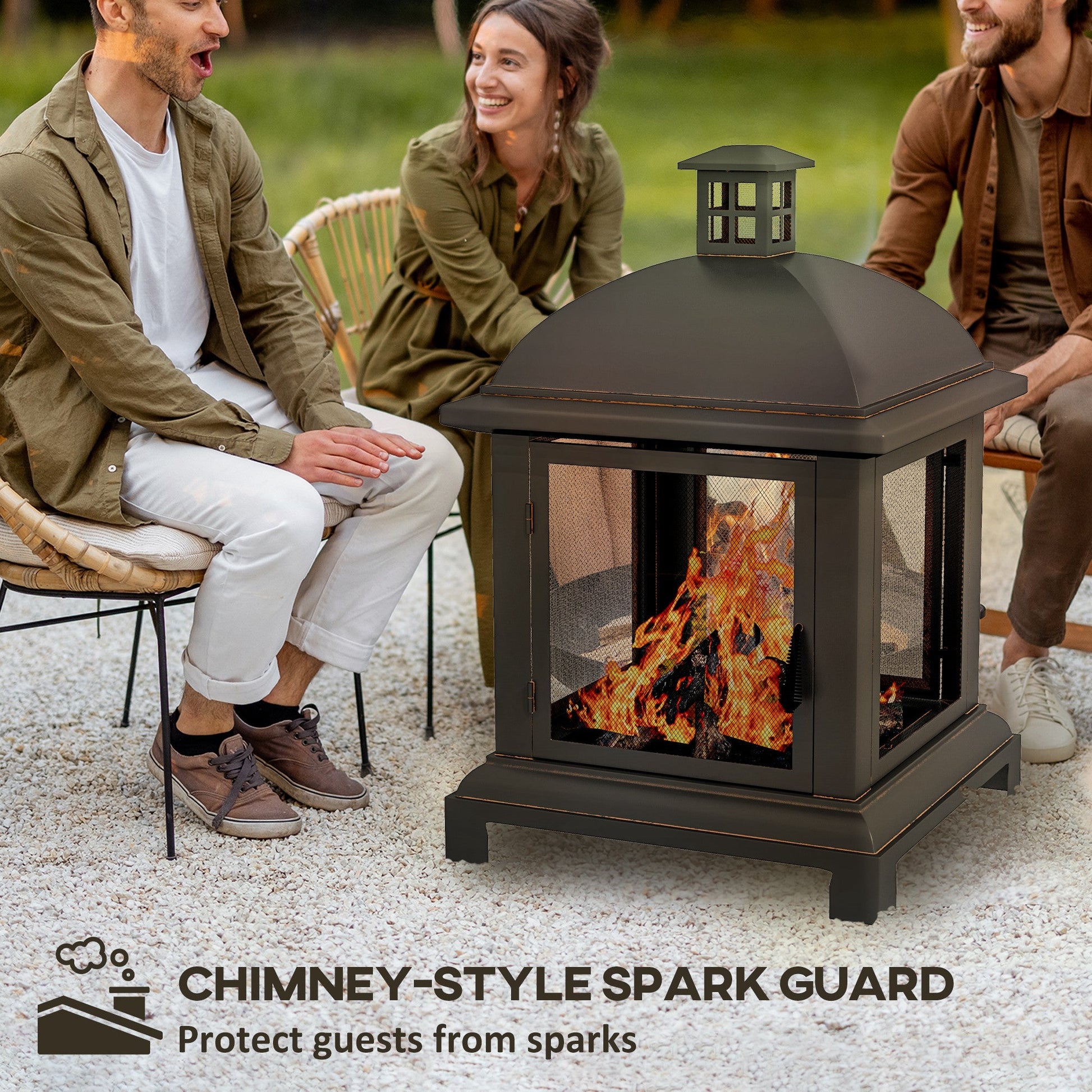 26" Fire Pit with Chimney Style, Outdoor Wood Burning Firepit with Spark Guard and Poker, Steel, Black