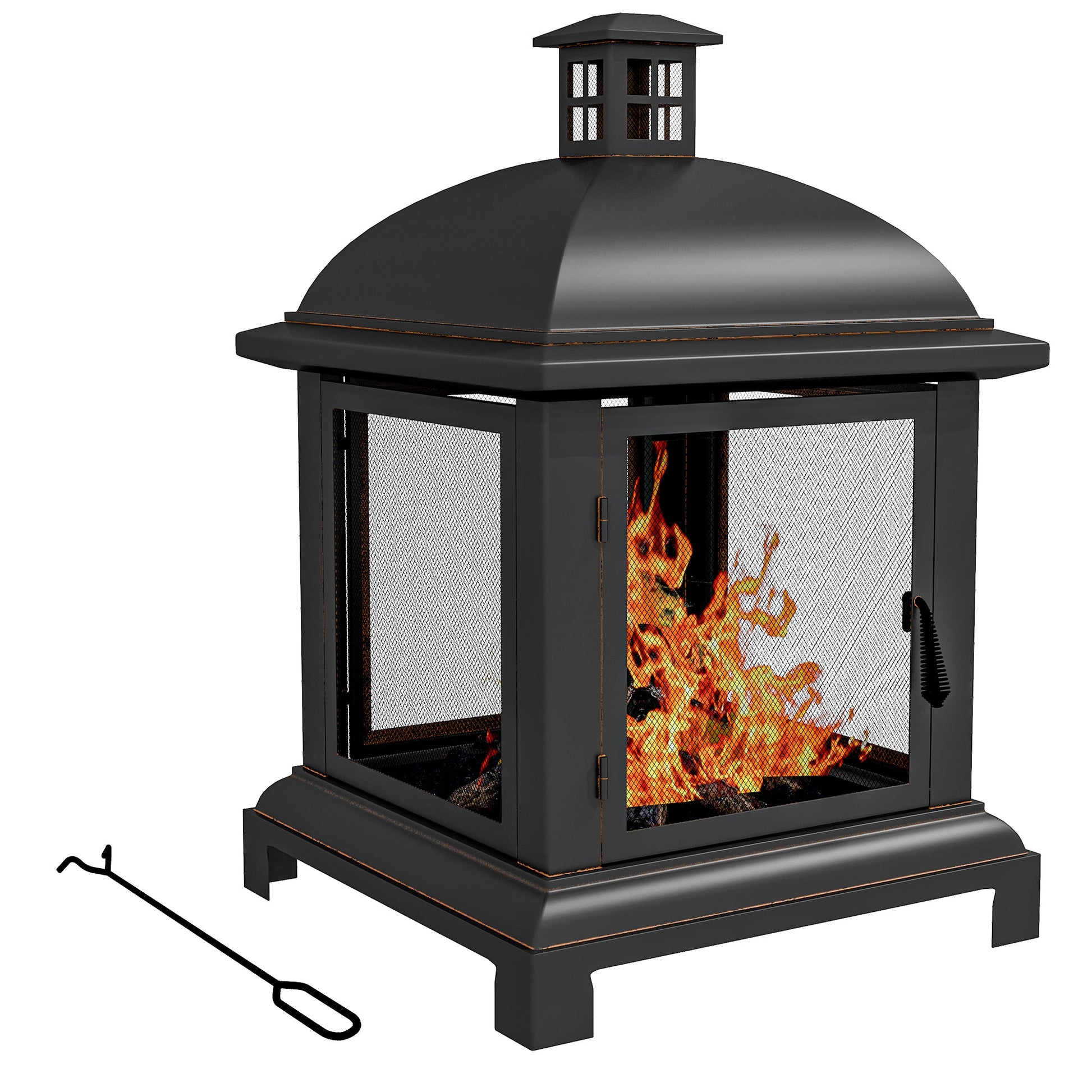 26" Fire Pit with Chimney Style, Outdoor Wood Burning Firepit with Spark Guard and Poker, Steel, Black