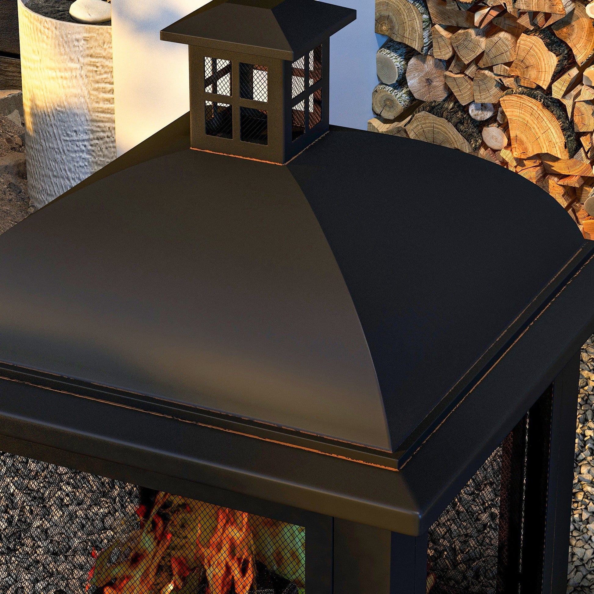 26" Fire Pit with Chimney Style, Outdoor Wood Burning Firepit with Spark Guard and Poker, Steel, Black