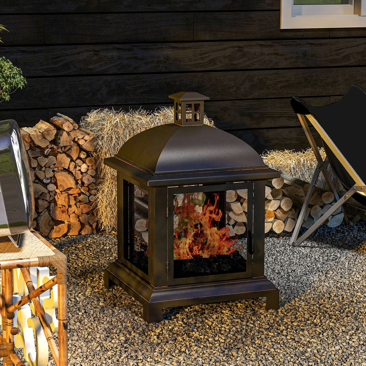 26" Fire Pit with Chimney Style, Outdoor Wood Burning Firepit with Spark Guard and Poker, Steel, Black