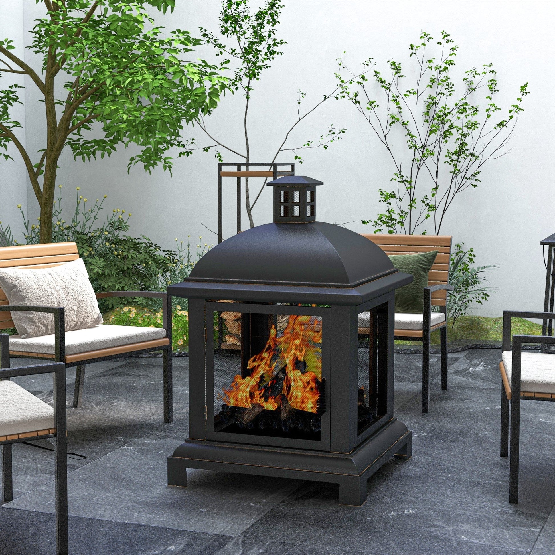26" Fire Pit with Chimney Style, Outdoor Wood Burning Firepit with Spark Guard and Poker, Steel, Black