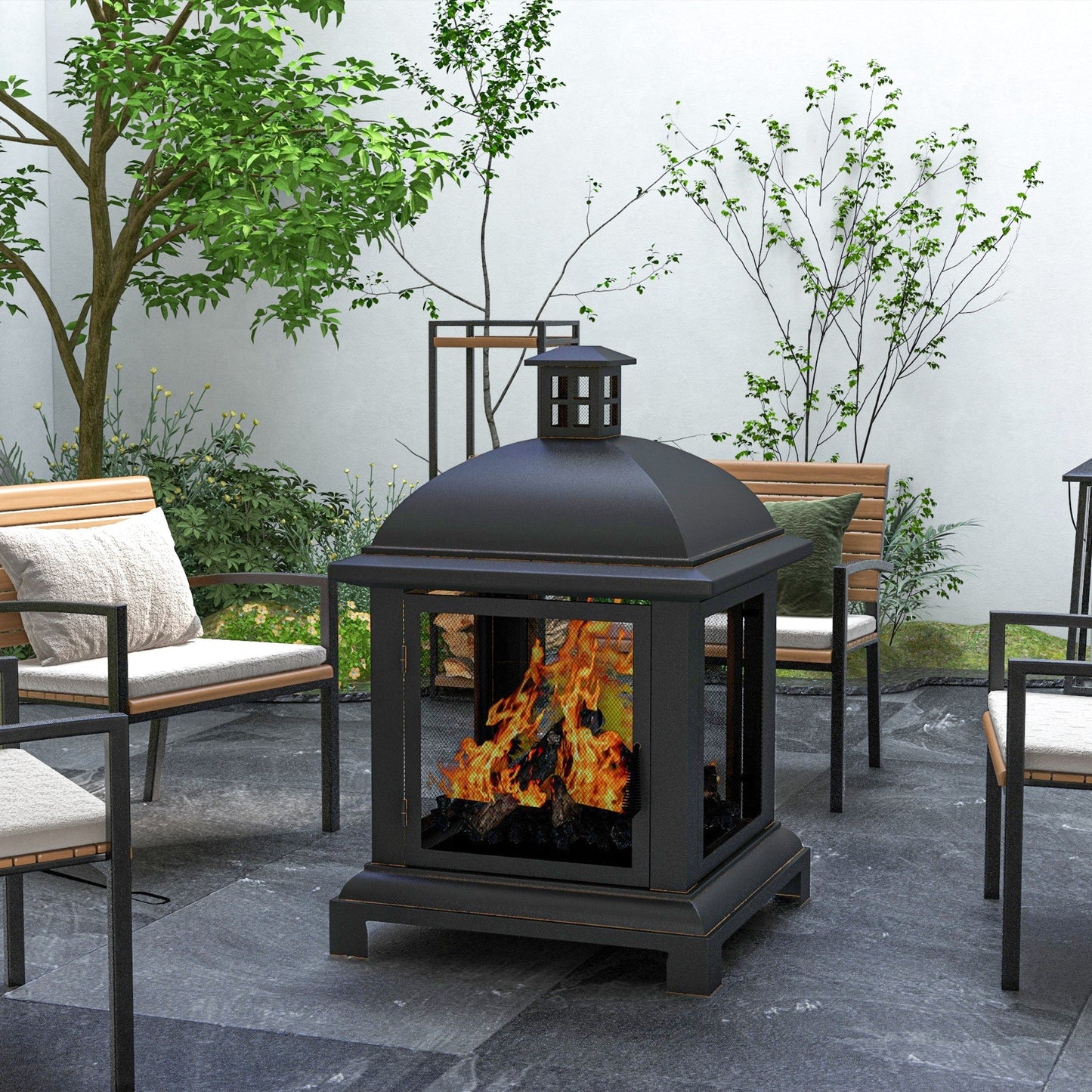26" Fire Pit with Chimney Style, Outdoor Wood Burning Firepit with Spark Guard and Poker, Steel, Black