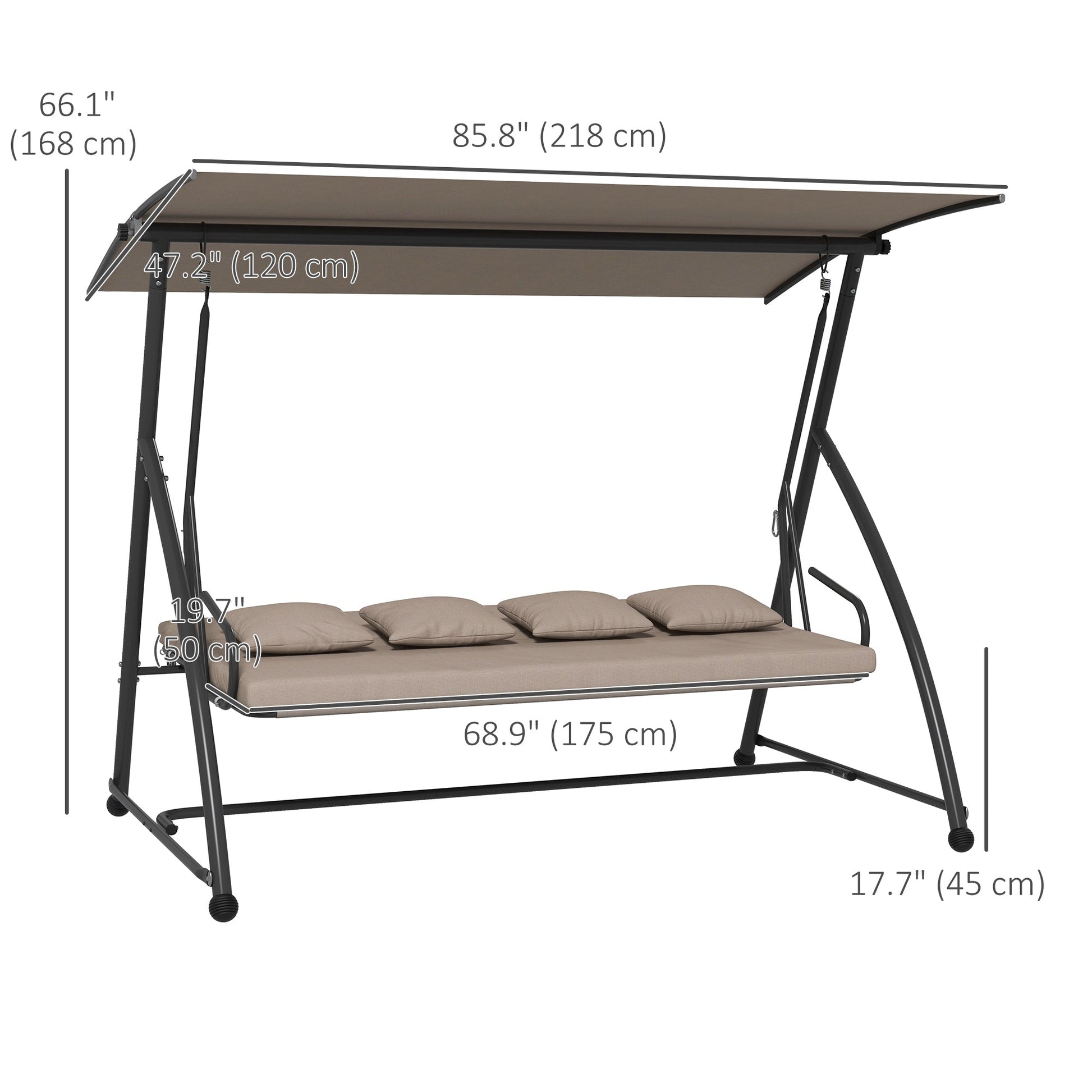 Patio Swing Chair, 3 Person Convertible Hammock, Outdoor Swing Lounge Bed, Cushioned with Tilt Canopy, Light Brown