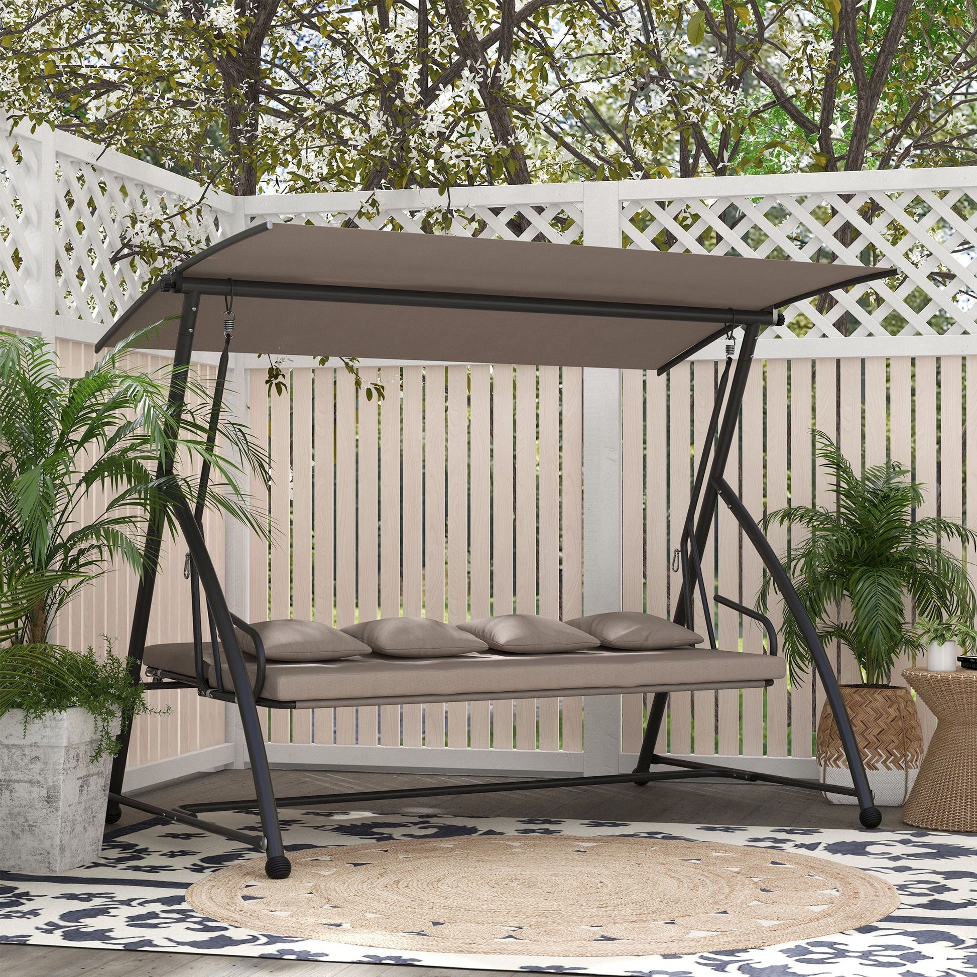 Patio Swing Chair, 3 Person Convertible Hammock, Outdoor Swing Lounge Bed, Cushioned with Tilt Canopy, Light Brown