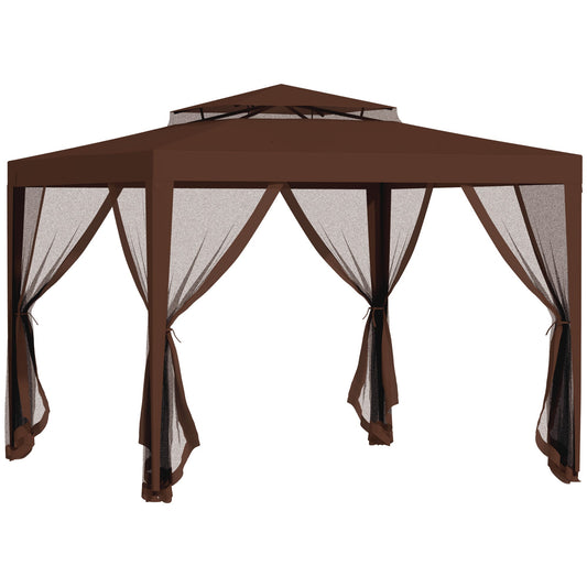 10' x 10' Canopy Tent, Party Tent with Mesh Netting and Double Tier Roof for Backyard, Garden, Patio, Outdoor, Brown