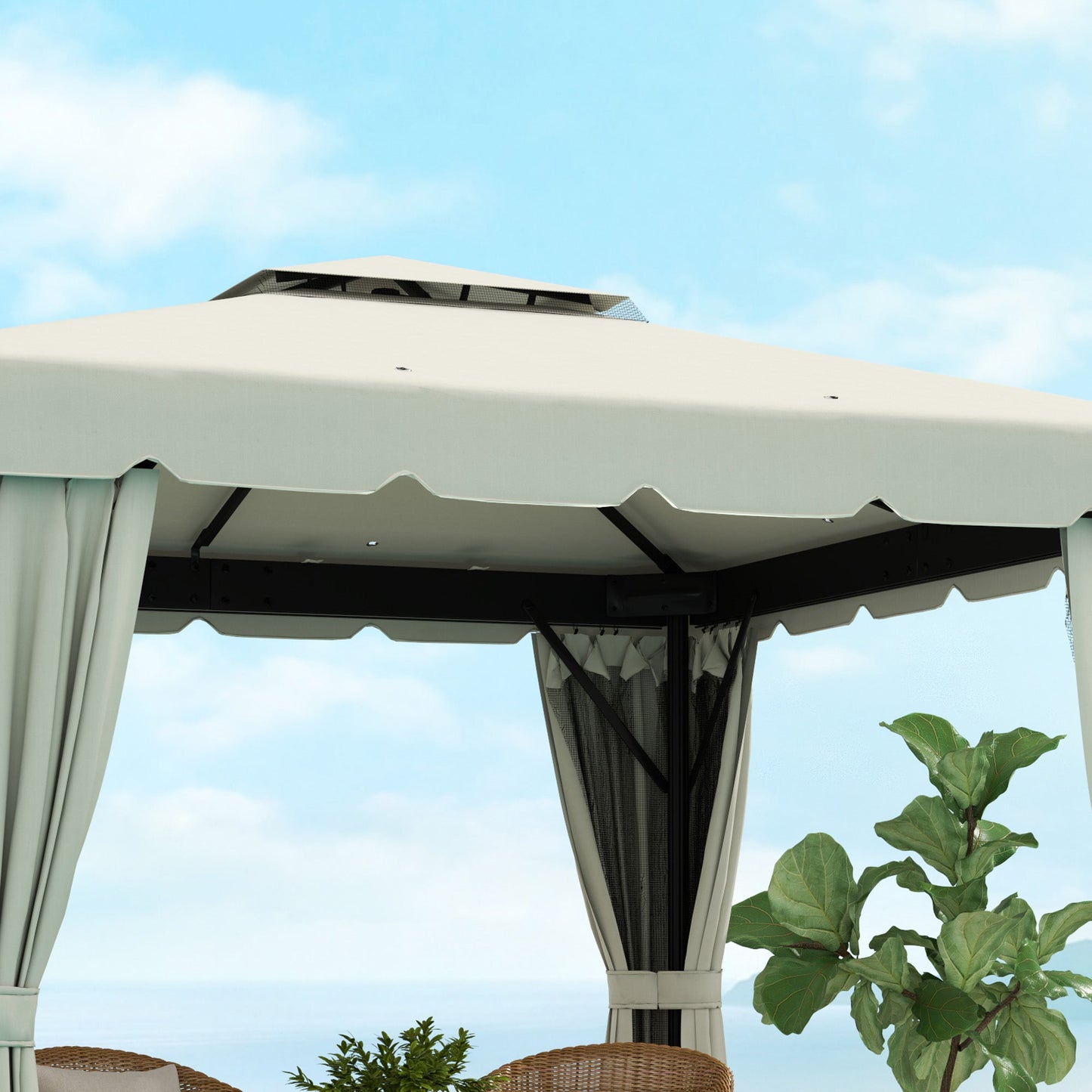 10' x 10' Outdoor Patio Gazebo Double Soft-top Garden Shelter Tent with Beautiful Polyester Curtains, & Mesh Screen Drapes, Cream White