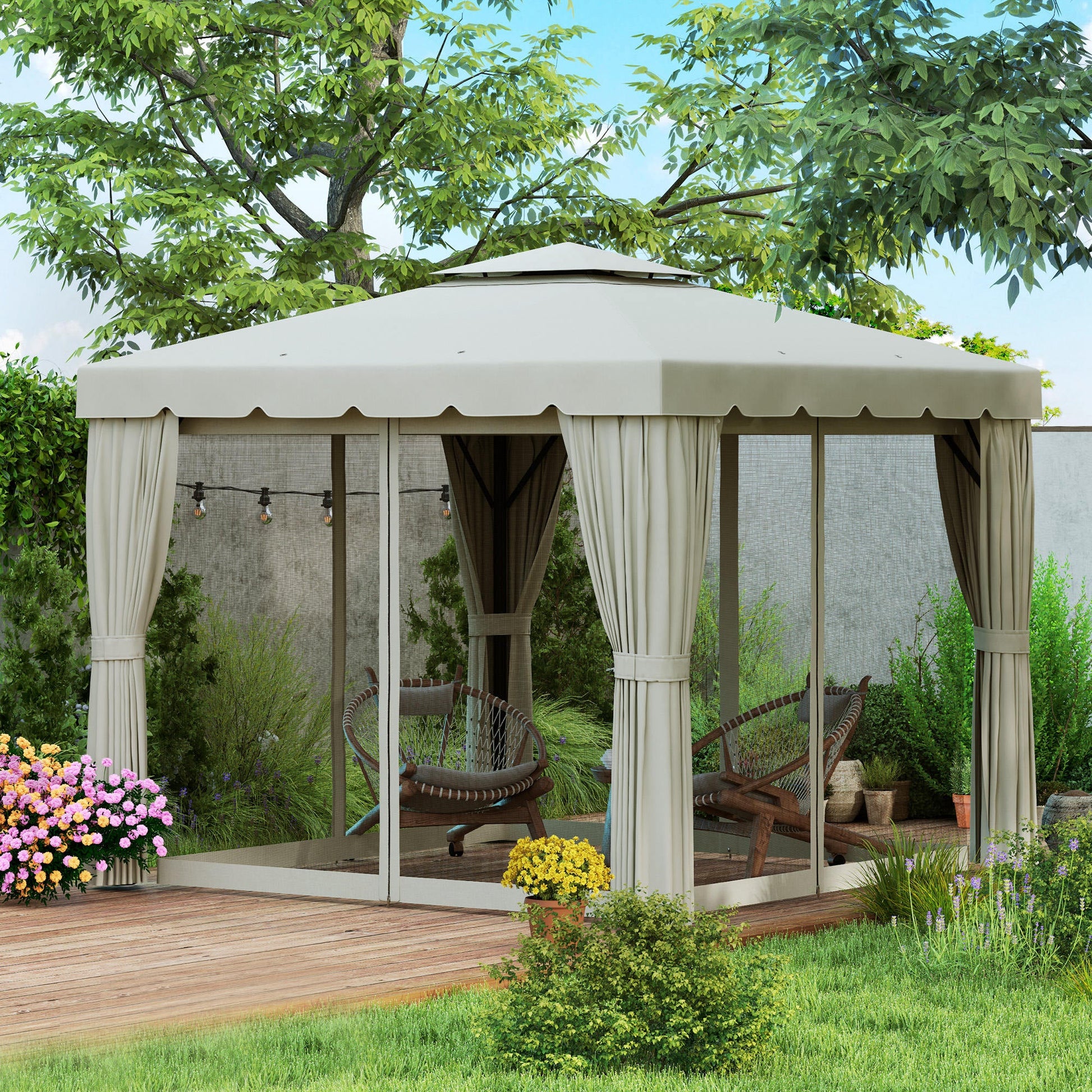 10' x 10' Outdoor Patio Gazebo Double Soft-top Garden Shelter Tent with Beautiful Polyester Curtains, & Mesh Screen Drapes, Cream White