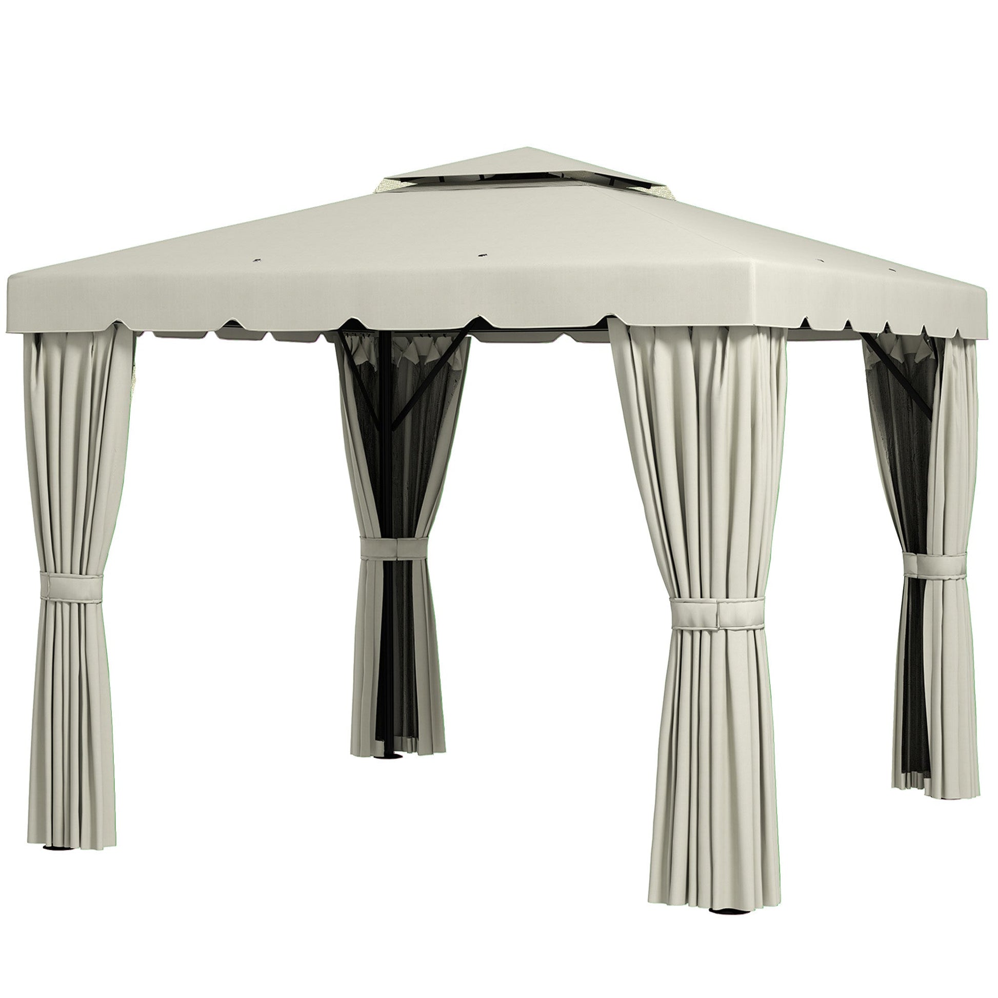 10' x 10' Outdoor Patio Gazebo Double Soft-top Garden Shelter Tent with Beautiful Polyester Curtains, & Mesh Screen Drapes, Cream White