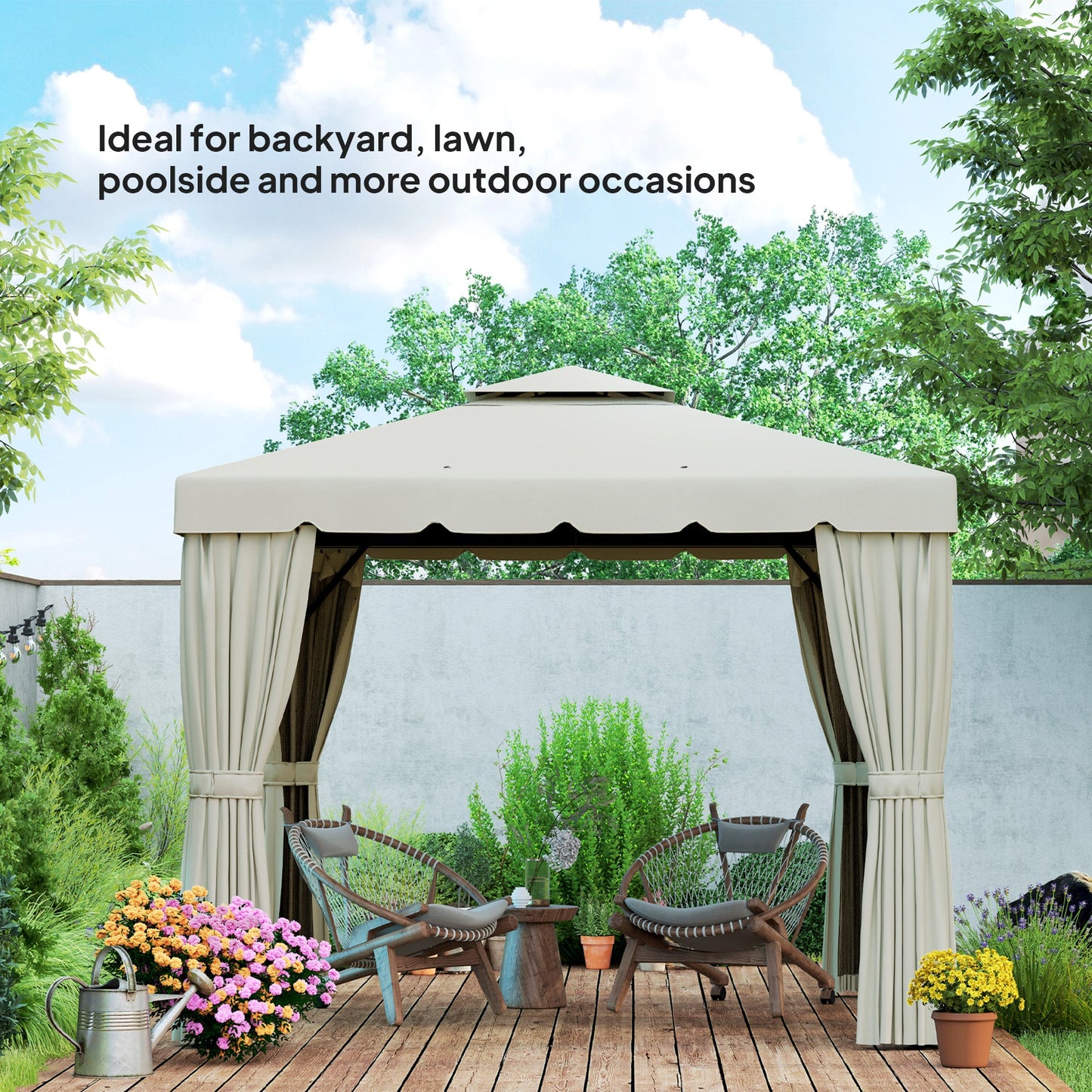 10' x 10' Outdoor Patio Gazebo Double Soft-top Garden Shelter Tent with Beautiful Polyester Curtains, & Mesh Screen Drapes, Cream White