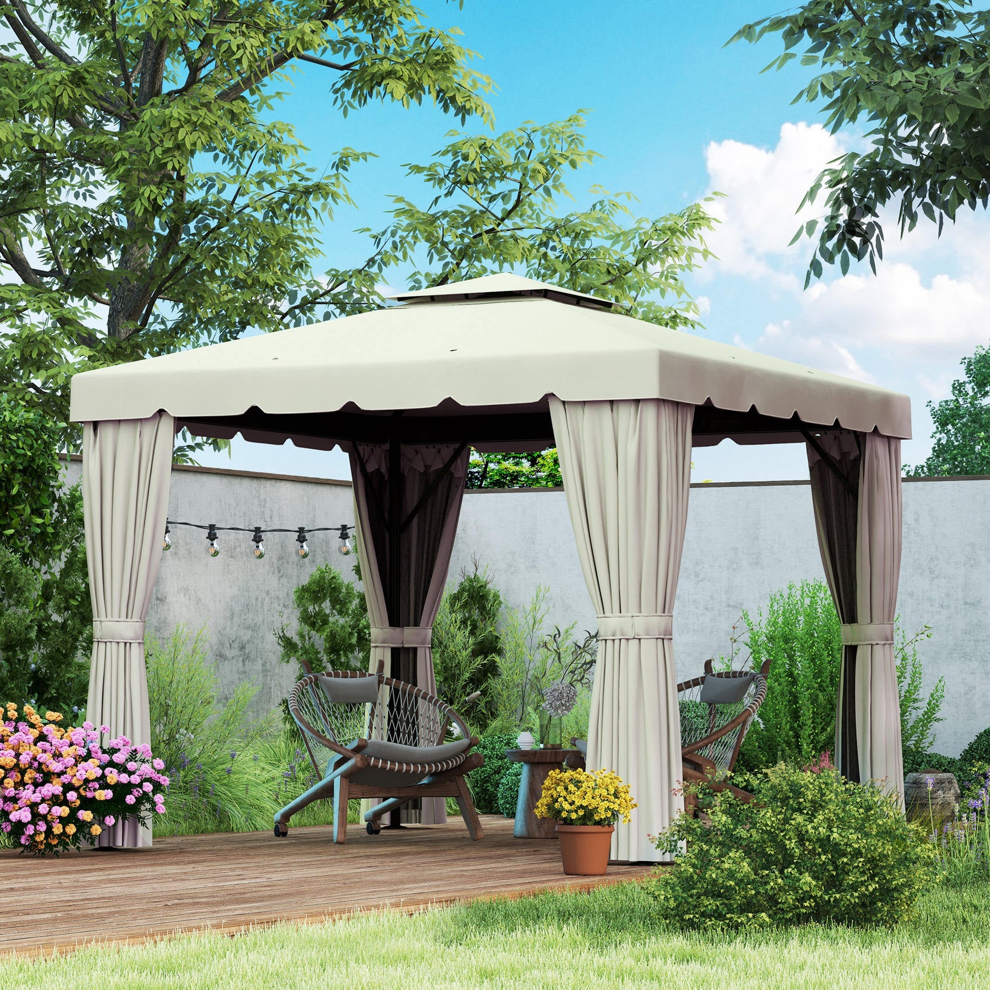 10' x 10' Outdoor Patio Gazebo Double Soft-top Garden Shelter Tent with Beautiful Polyester Curtains, & Mesh Screen Drapes, Cream White