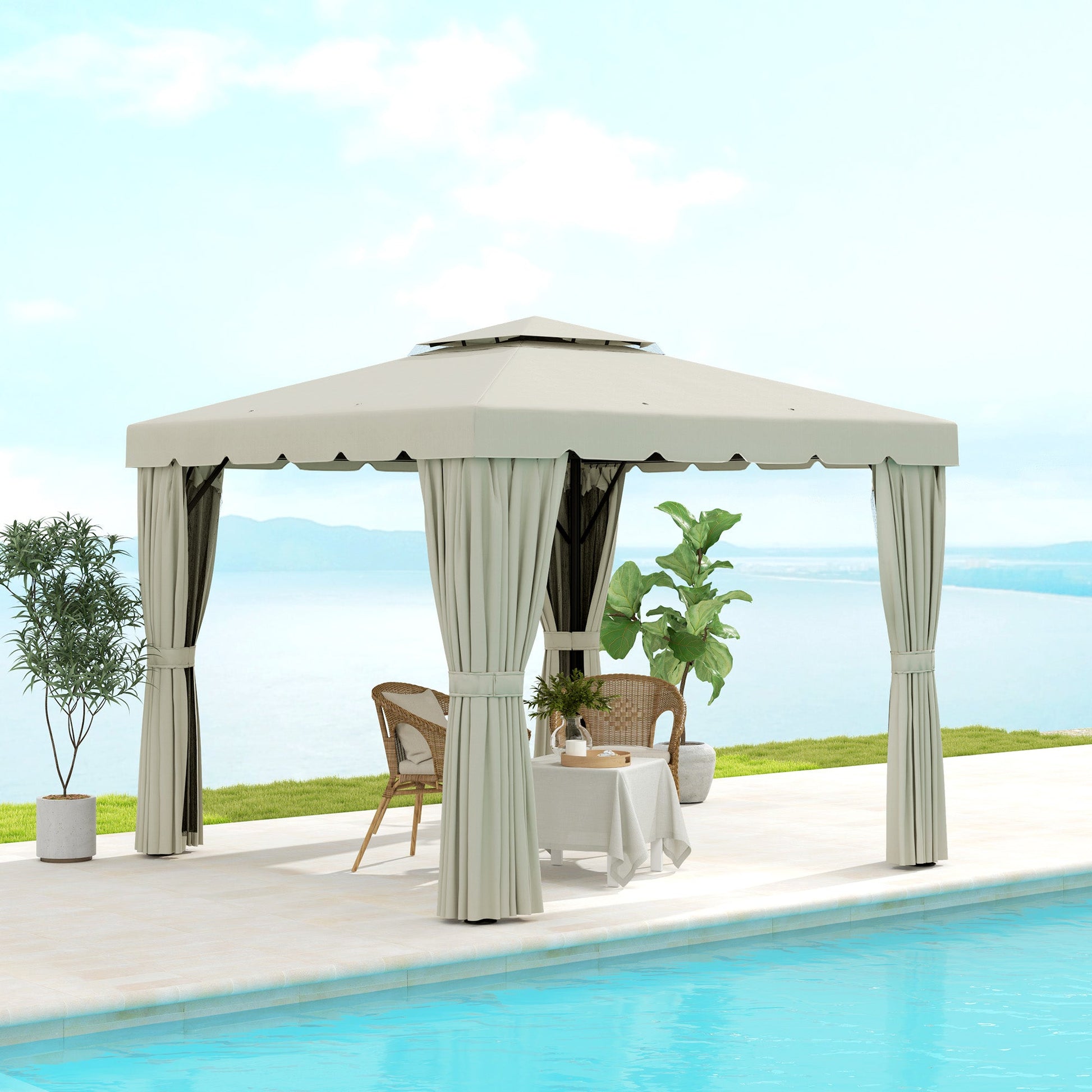 10' x 10' Outdoor Patio Gazebo Double Soft-top Garden Shelter Tent with Beautiful Polyester Curtains, & Mesh Screen Drapes, Cream White