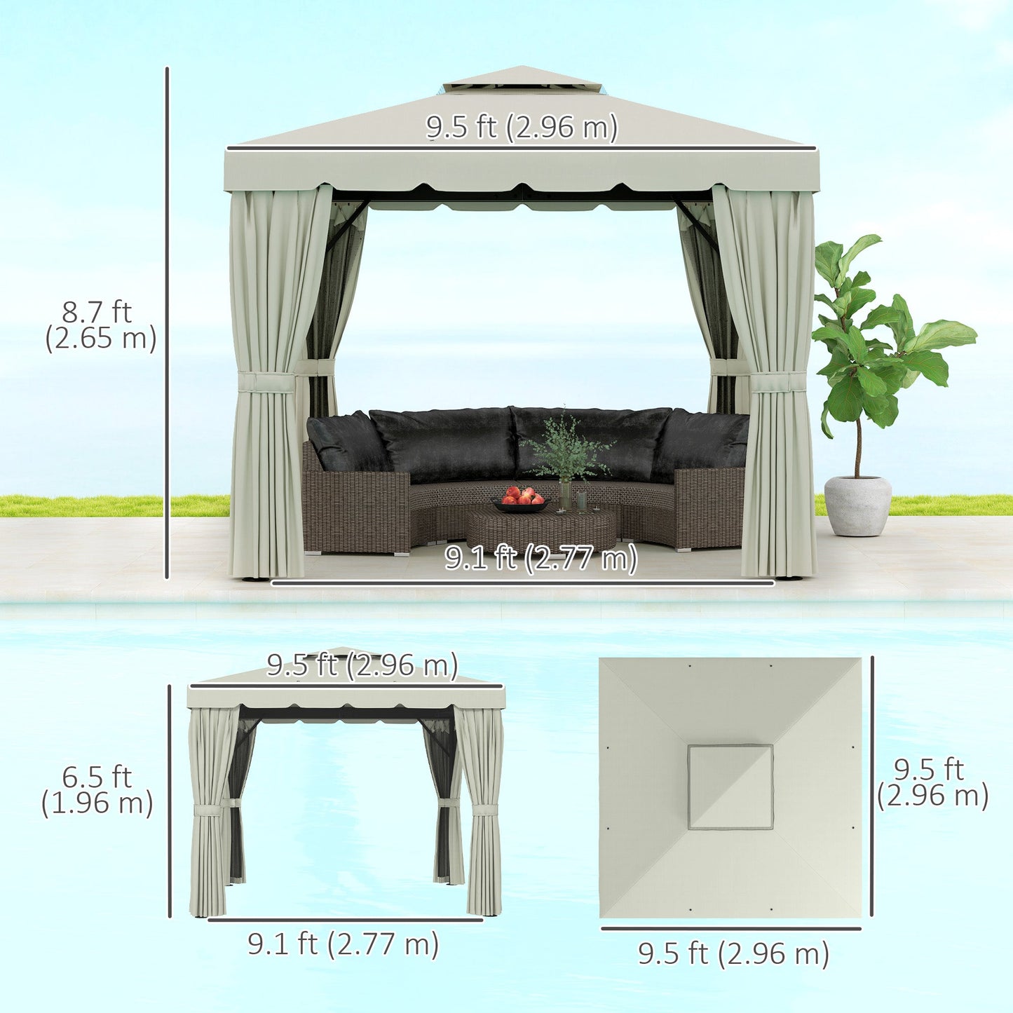 10' x 10' Outdoor Patio Gazebo Double Soft-top Garden Shelter Tent with Beautiful Polyester Curtains, & Mesh Screen Drapes, Cream White