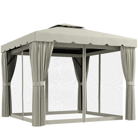 10' x 10' Outdoor Patio Gazebo Double Soft-top Garden Shelter Tent with Beautiful Polyester Curtains, & Mesh Screen Drapes, Cream White