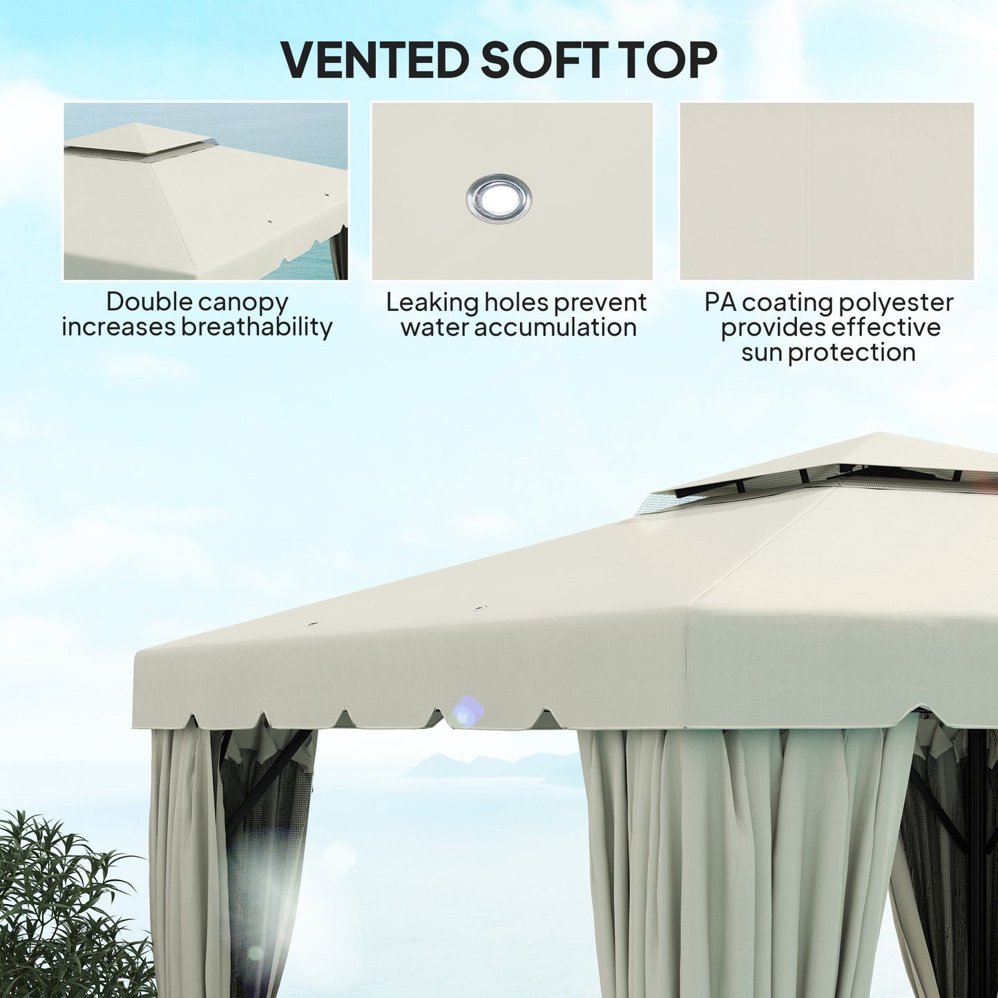 10' x 10' Outdoor Patio Gazebo Double Soft-top Garden Shelter Tent with Beautiful Polyester Curtains, & Mesh Screen Drapes, Cream White