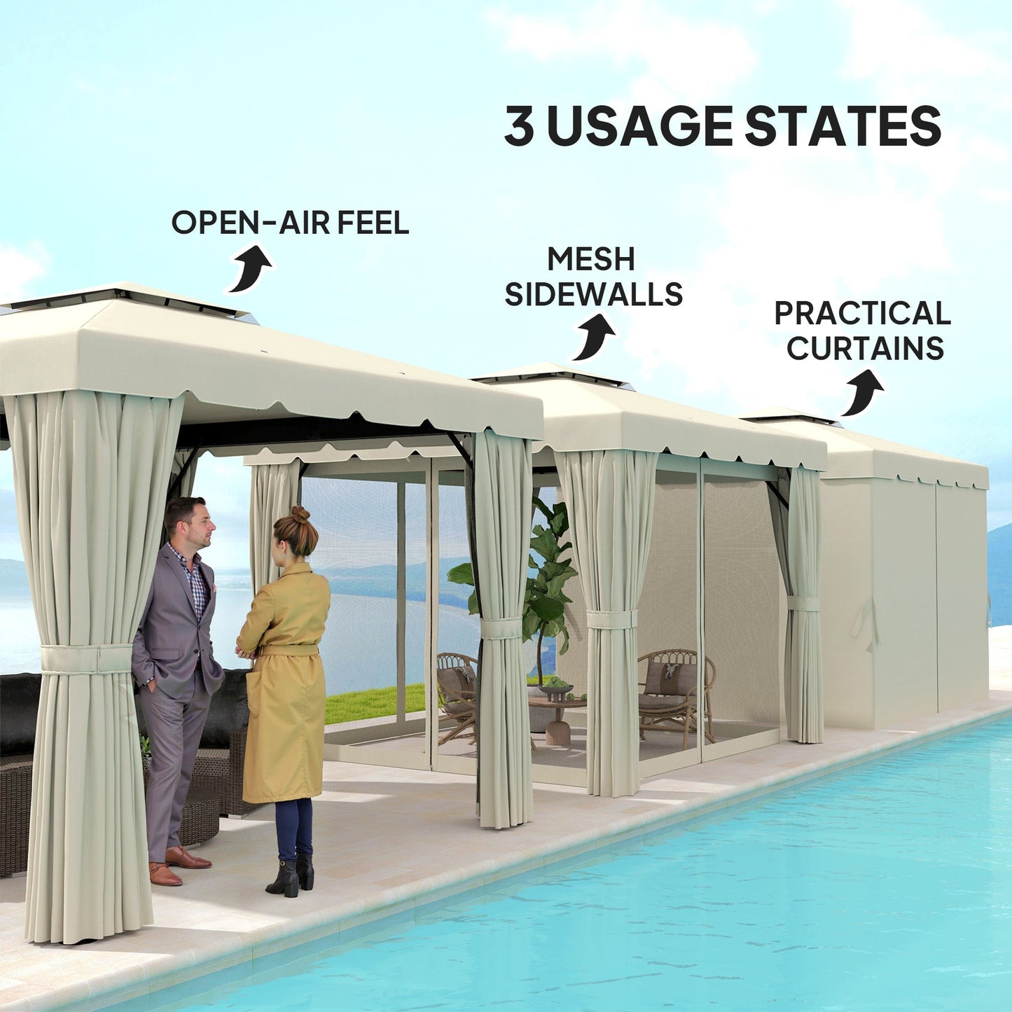 10' x 10' Outdoor Patio Gazebo Double Soft-top Garden Shelter Tent with Beautiful Polyester Curtains, & Mesh Screen Drapes, Cream White