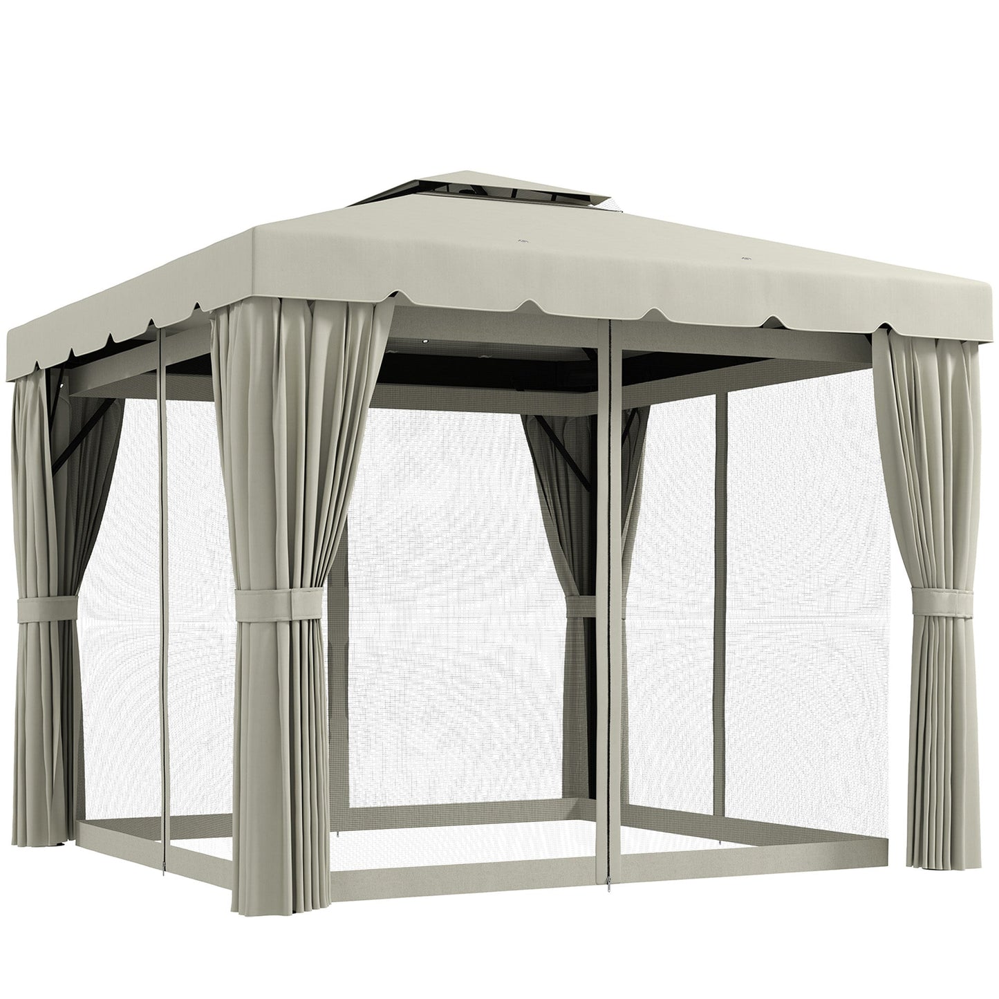 10' x 10' Outdoor Patio Gazebo Double Soft-top Garden Shelter Tent with Beautiful Polyester Curtains, & Mesh Screen Drapes, Cream White