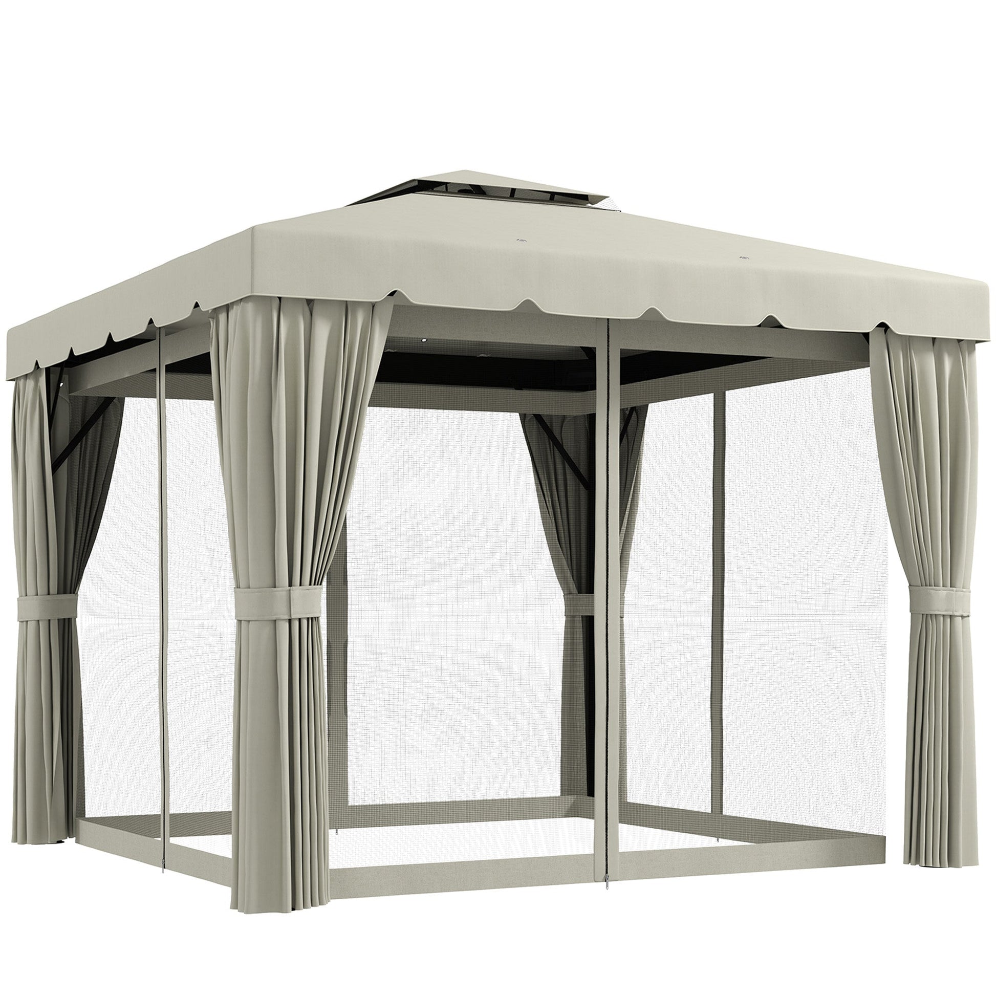 10' x 10' Outdoor Patio Gazebo Double Soft-top Garden Shelter Tent with Beautiful Polyester Curtains, & Mesh Screen Drapes, Cream White
