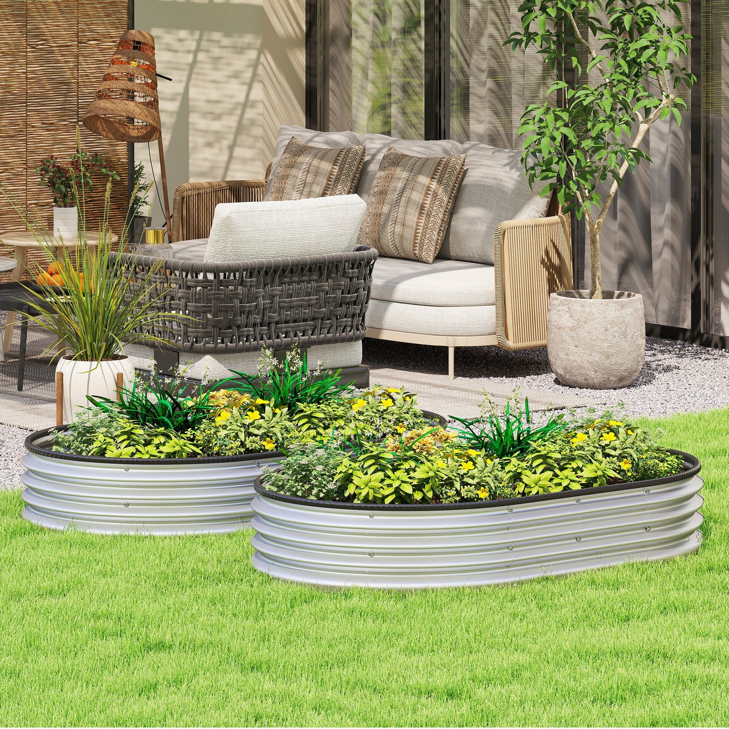 2Pcs Galvanized Raised Garden Bed, 5 x 3 x 1 ft Modular Metal Garden Beds with Rubber Strip Edging, Oval Outdoor Planter Box for Vegetables, Flowers, Herbs, Silver