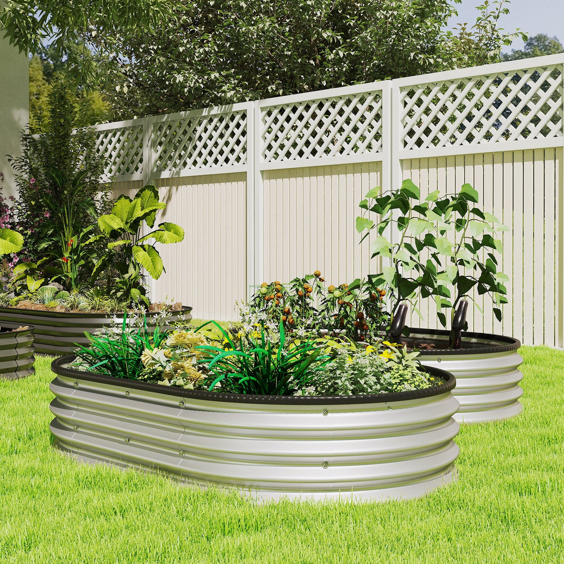 2Pcs Galvanized Raised Garden Bed, 5 x 3 x 1 ft Modular Metal Garden Beds with Rubber Strip Edging, Oval Outdoor Planter Box for Vegetables, Flowers, Herbs, Silver
