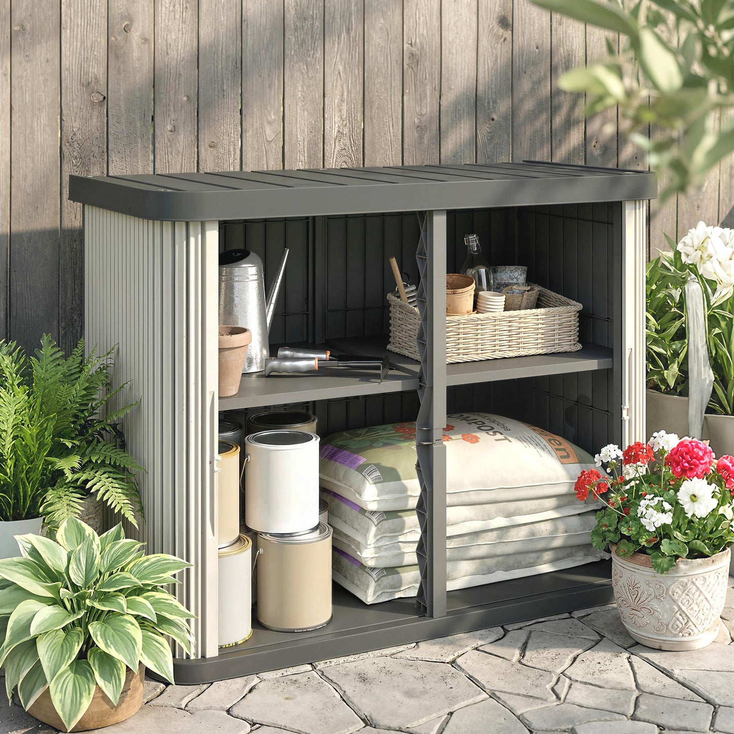 127 Gallon Outdoor Storage Box, Plastic Deck Box, Splash-Resistant & UV Resistant Garden Storage Container for Patio, Porch, Poolside, Light Brown