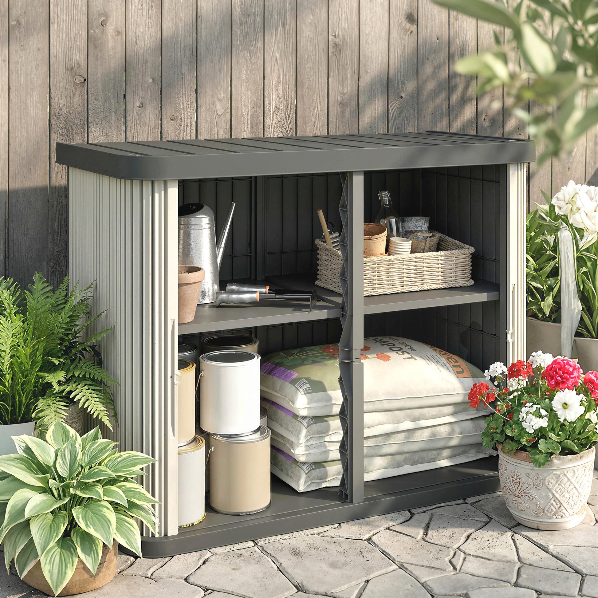 127 Gallon Outdoor Storage Box, Plastic Deck Box, Splash-Resistant & UV Resistant Garden Storage Container for Patio, Porch, Poolside, Light Brown