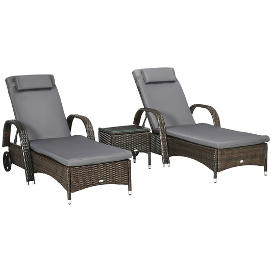 3 Pieces Wicker Patio Lounger Set with Table, PE Rattan Outdoor Lounge Chair Set with Cushions, Wheels, 5-Level Reclining Backrest, Headrest, Dark Grey