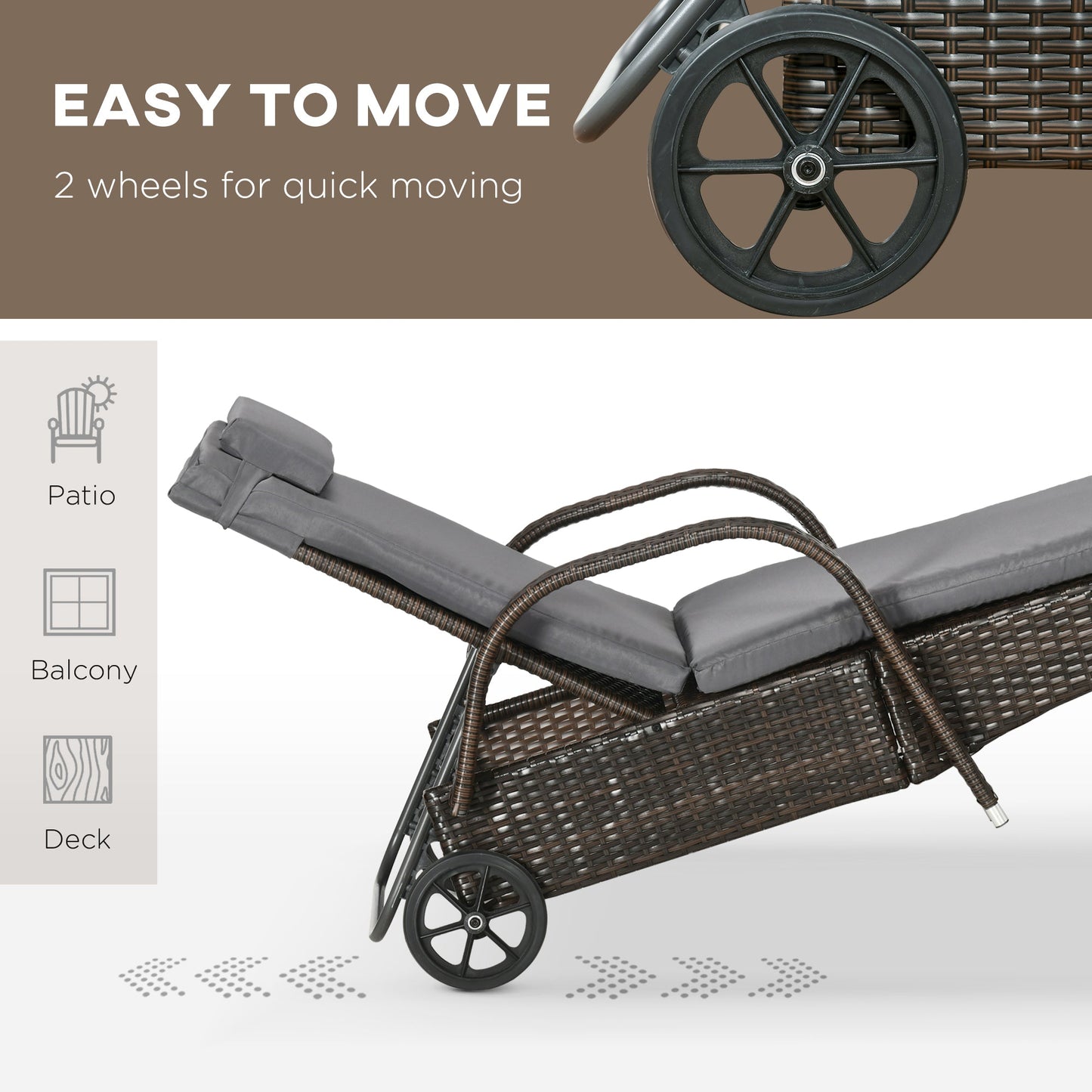 3 Pieces Wicker Patio Lounger Set with Table, PE Rattan Outdoor Lounge Chair Set with Cushions, Wheels, 5-Level Reclining Backrest, Headrest, Dark Grey