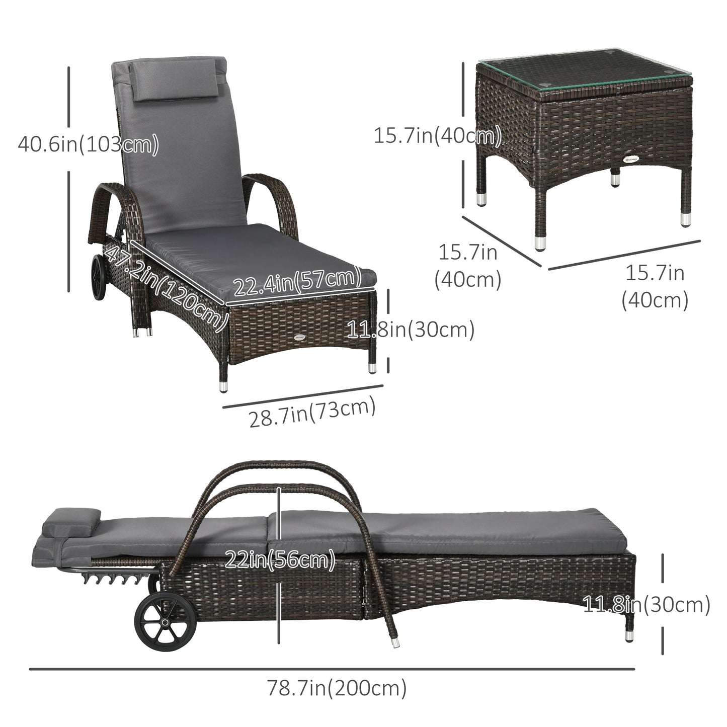 3 Pieces Wicker Patio Lounger Set with Table, PE Rattan Outdoor Lounge Chair Set with Cushions, Wheels, 5-Level Reclining Backrest, Headrest, Dark Grey