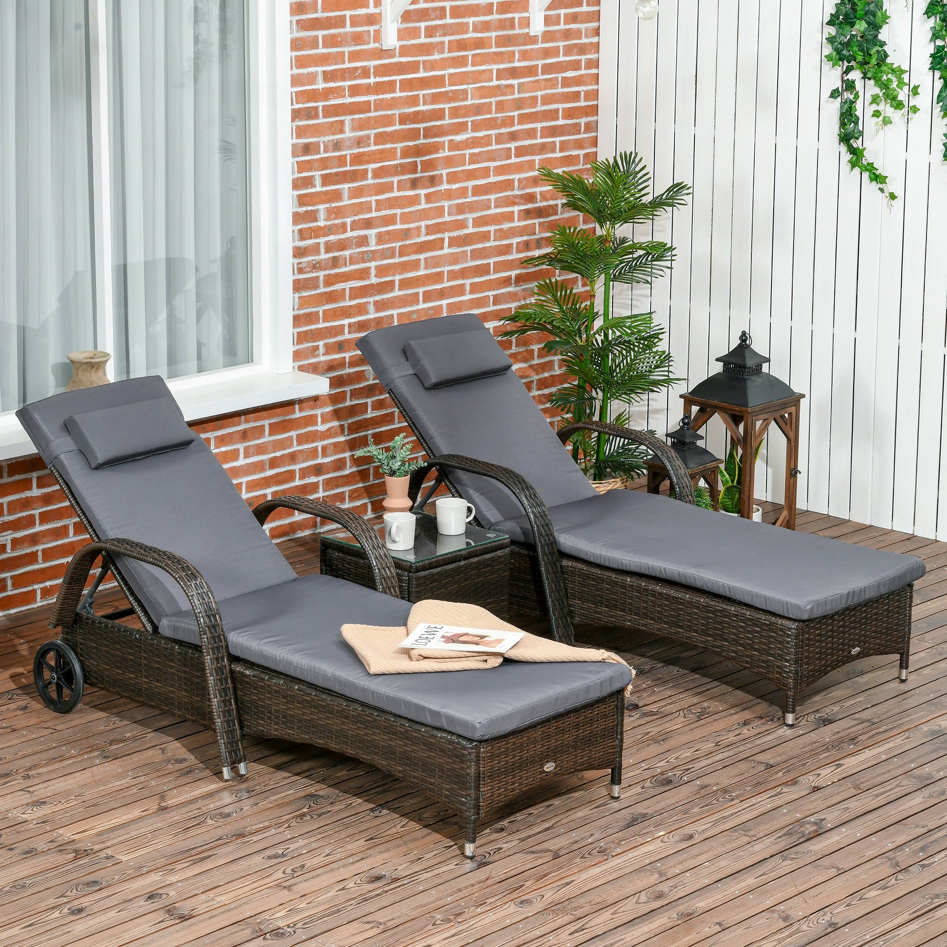 3 Pieces Wicker Patio Lounger Set with Table, PE Rattan Outdoor Lounge Chair Set with Cushions, Wheels, 5-Level Reclining Backrest, Headrest, Dark Grey