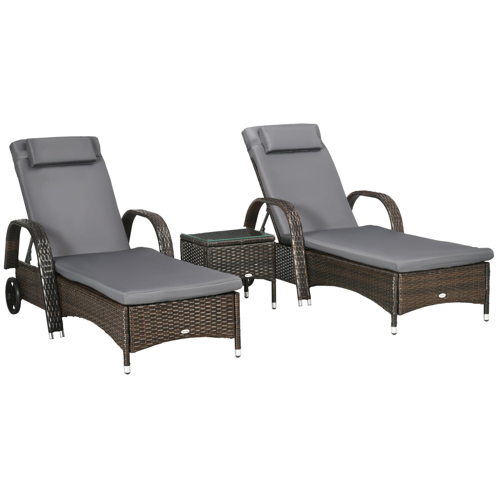 3 Pieces Wicker Patio Lounger Set with Table, PE Rattan Outdoor Lounge Chair Set with Cushions, Wheels, 5-Level Reclining Backrest, Headrest, Dark Grey