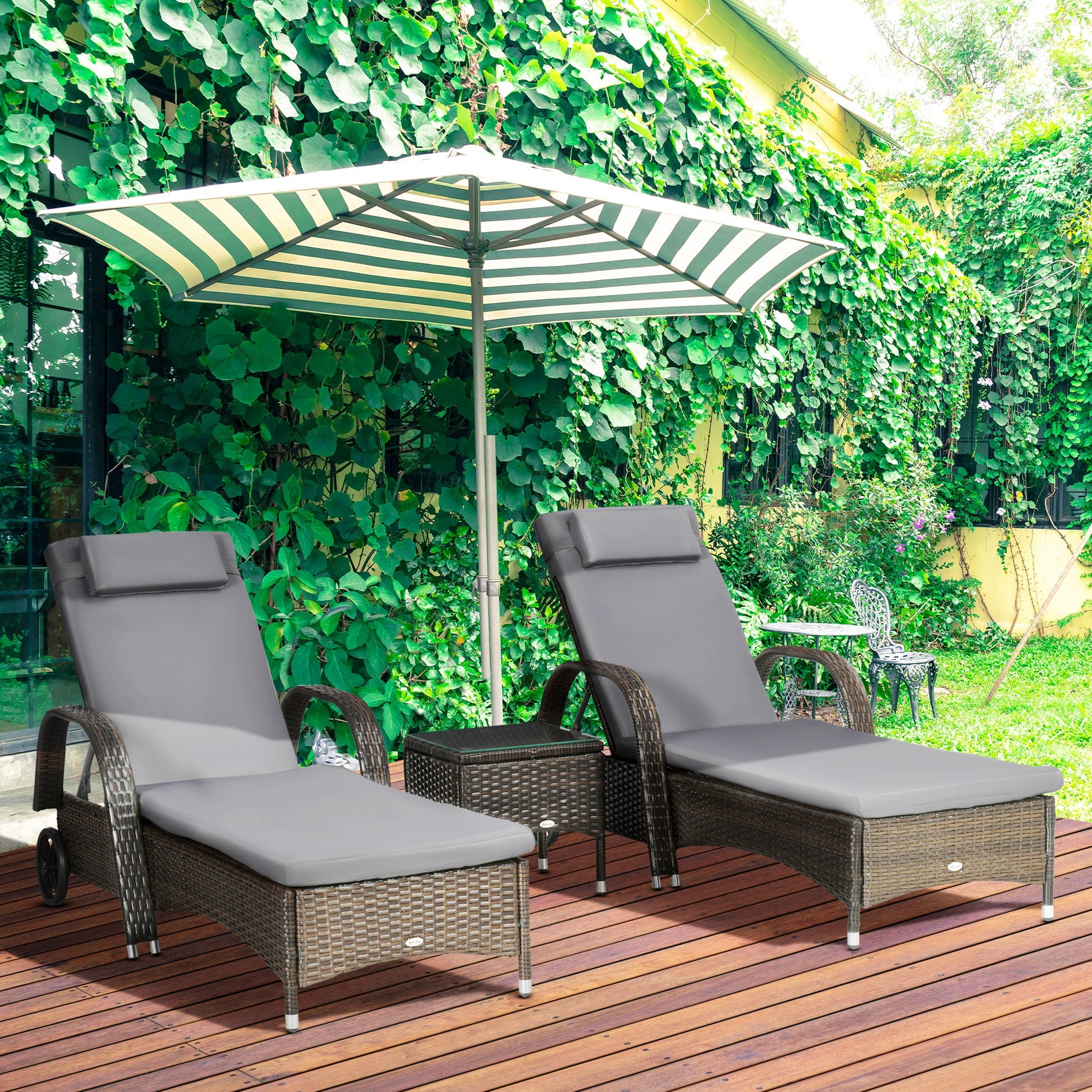 3 Pieces Wicker Patio Lounger Set with Table, PE Rattan Outdoor Lounge Chair Set with Cushions, Wheels, 5-Level Reclining Backrest, Headrest, Dark Grey