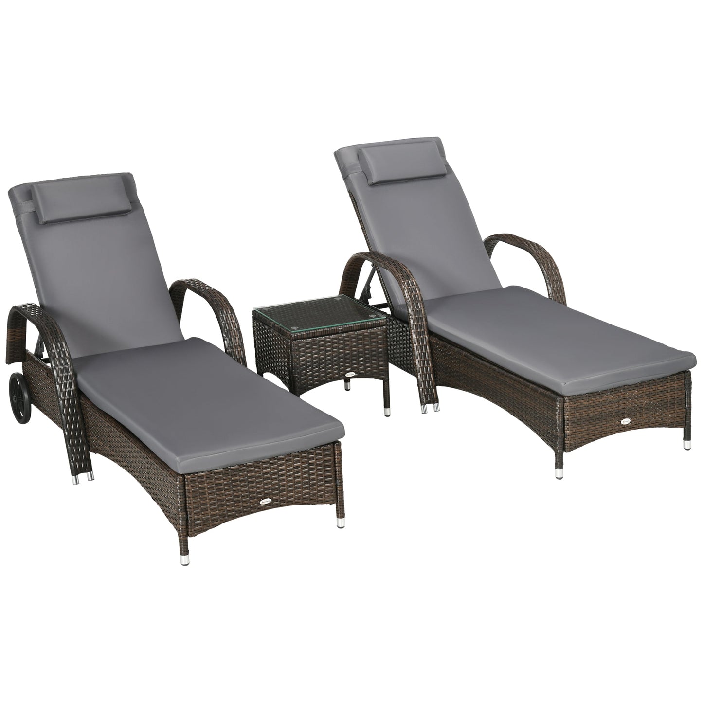 3 Pieces Wicker Patio Lounger Set with Table, PE Rattan Outdoor Lounge Chair Set with Cushions, Wheels, 5-Level Reclining Backrest, Headrest, Dark Grey