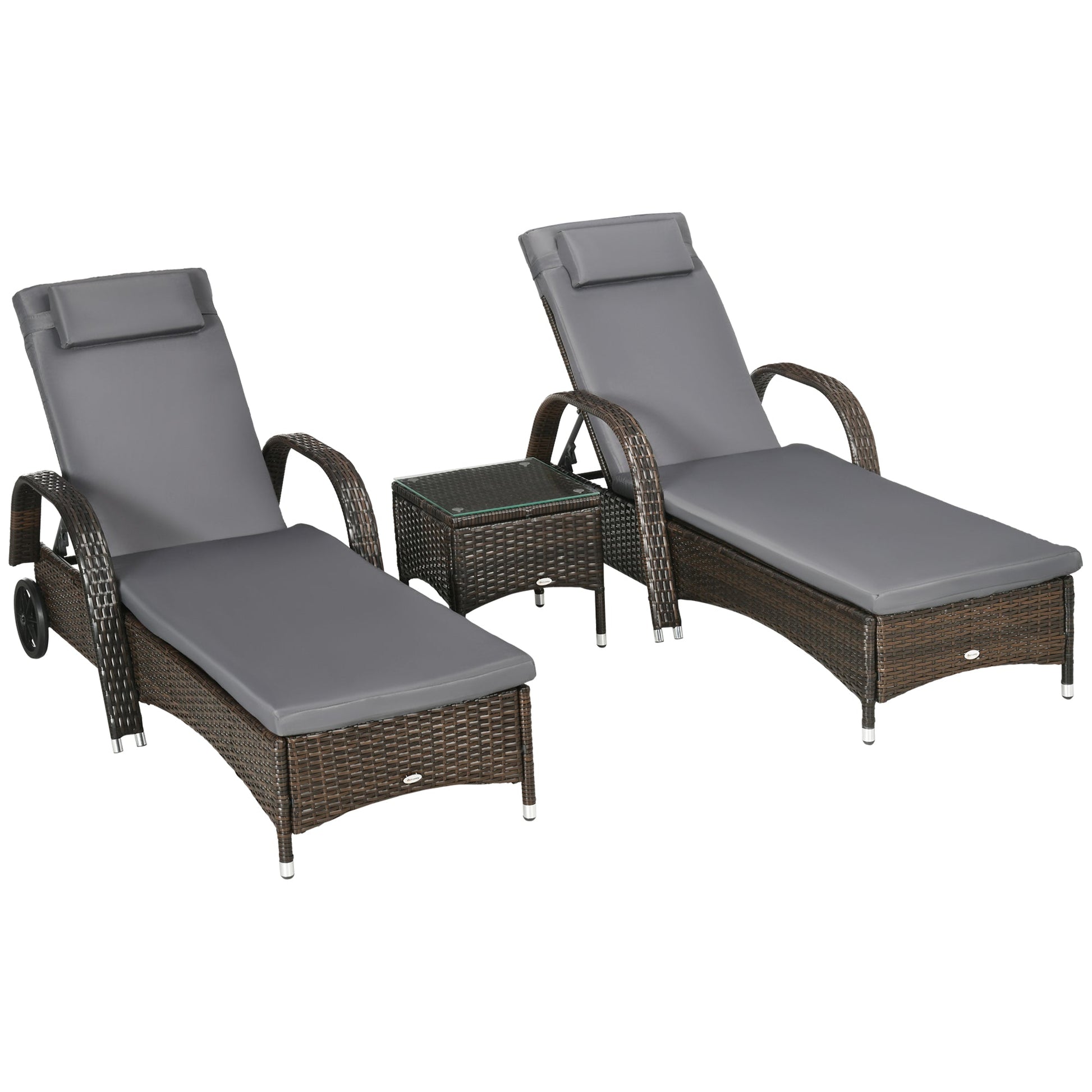 3 Pieces Wicker Patio Lounger Set with Table, PE Rattan Outdoor Lounge Chair Set with Cushions, Wheels, 5-Level Reclining Backrest, Headrest, Dark Grey