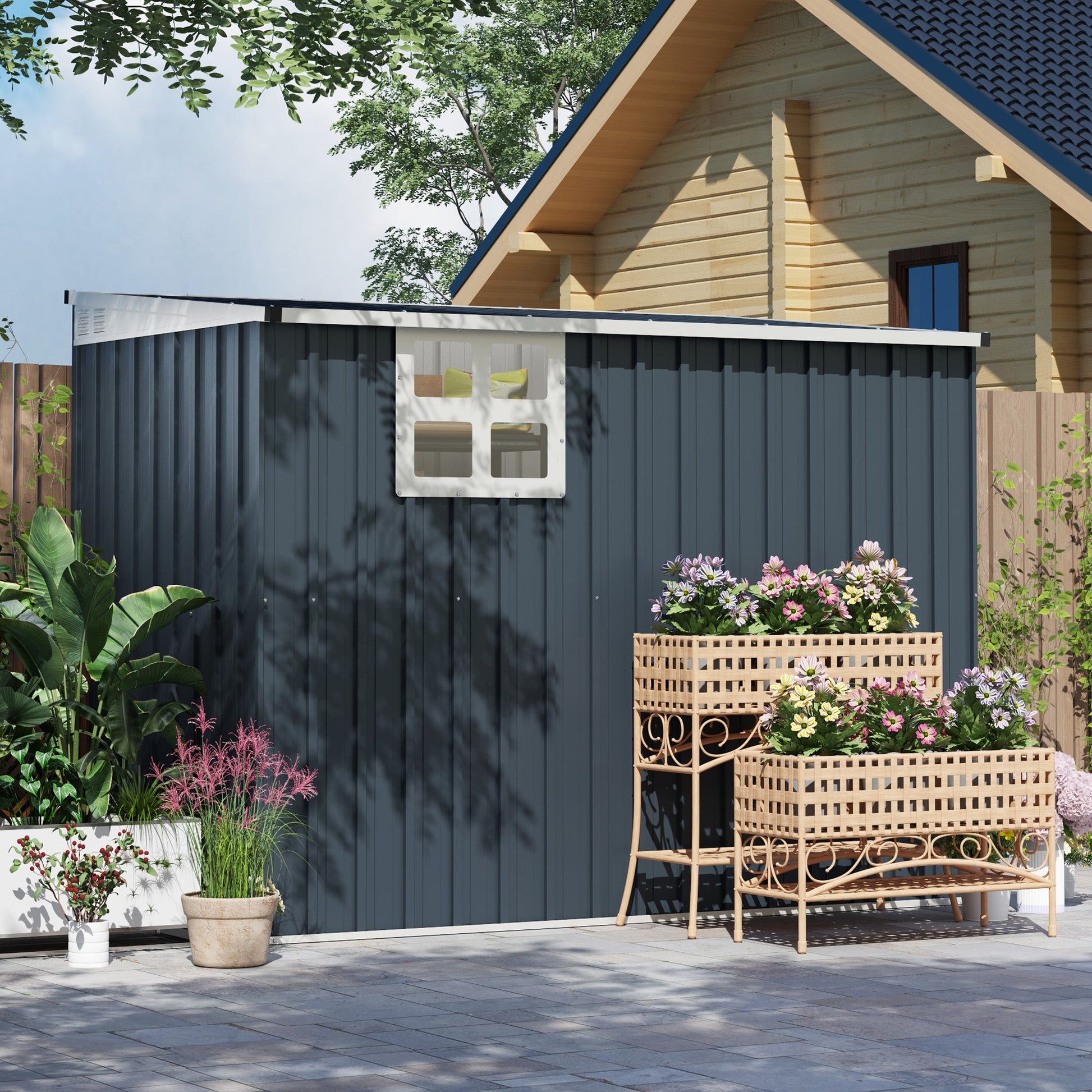 4' x 8' Outdoor Storage Shed, Metal Garden Shed with Window, 2 Vents and Lockable Door, for Backyard, Garden, Lawn, Dark Grey