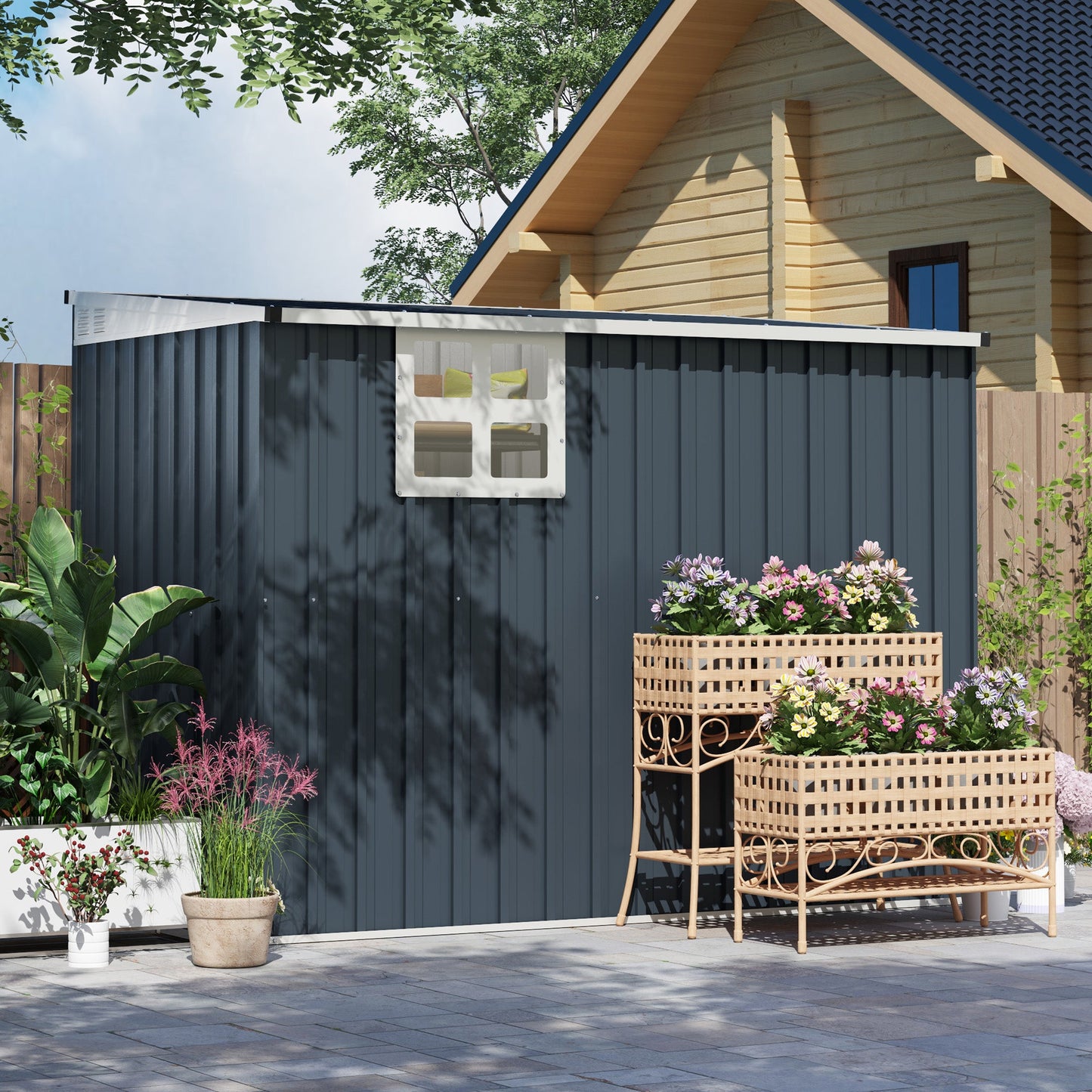4' x 8' Outdoor Storage Shed, Metal Garden Shed with Window, 2 Vents and Lockable Door, for Backyard, Garden, Lawn, Dark Grey
