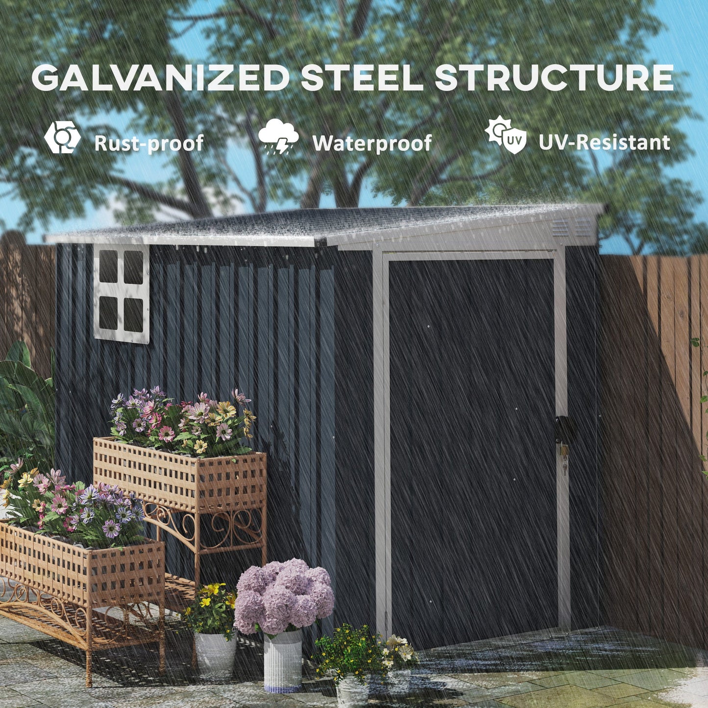 4' x 8' Outdoor Storage Shed, Metal Garden Shed with Window, 2 Vents and Lockable Door, for Backyard, Garden, Lawn, Dark Grey