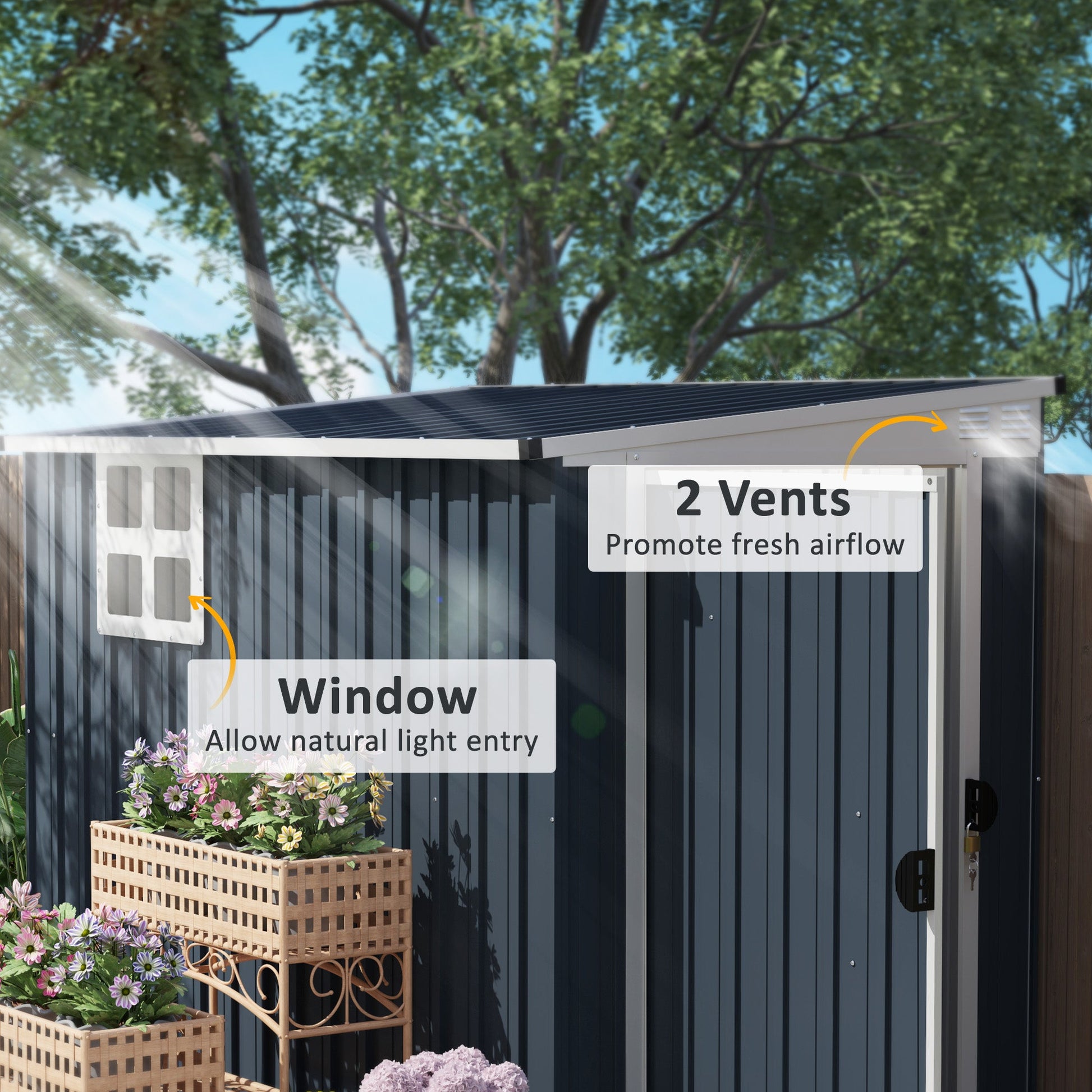 4' x 8' Outdoor Storage Shed, Metal Garden Shed with Window, 2 Vents and Lockable Door, for Backyard, Garden, Lawn, Dark Grey