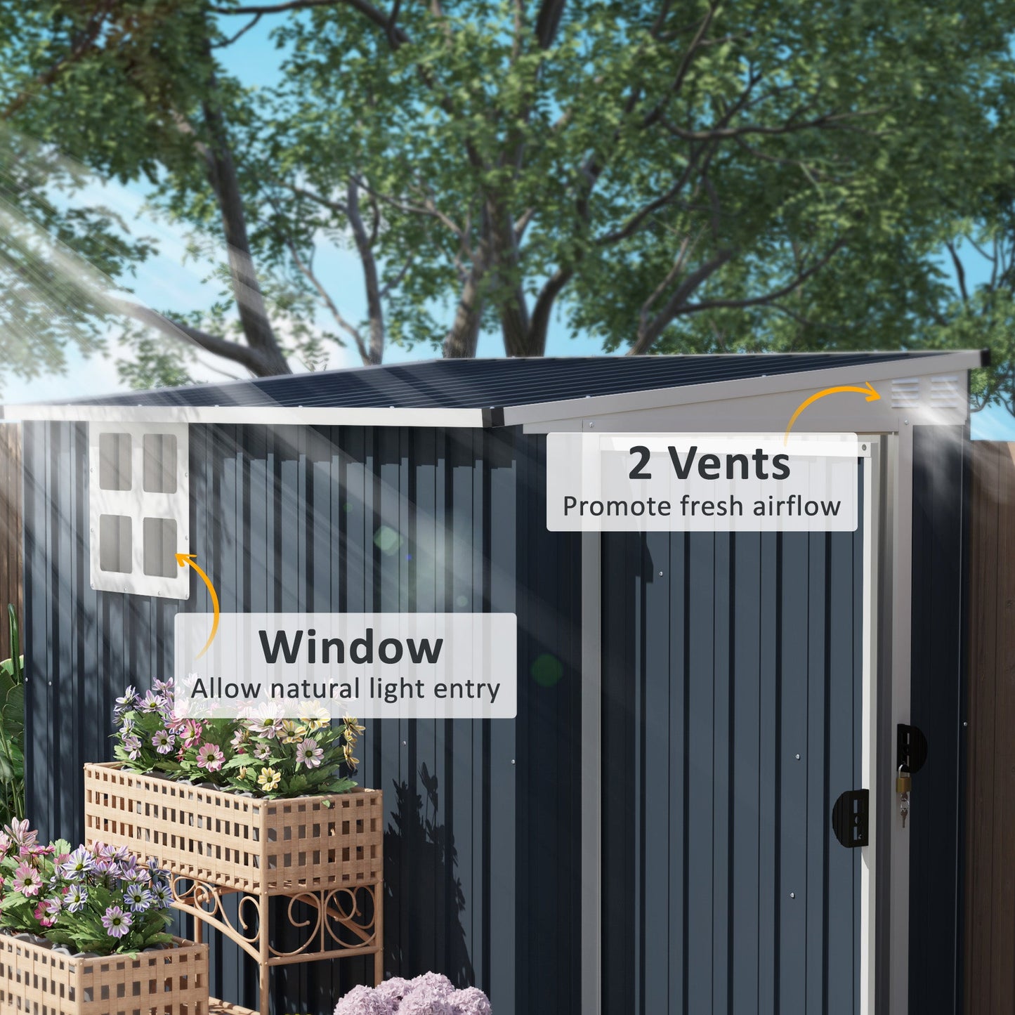 4' x 8' Outdoor Storage Shed, Metal Garden Shed with Window, 2 Vents and Lockable Door, for Backyard, Garden, Lawn, Dark Grey