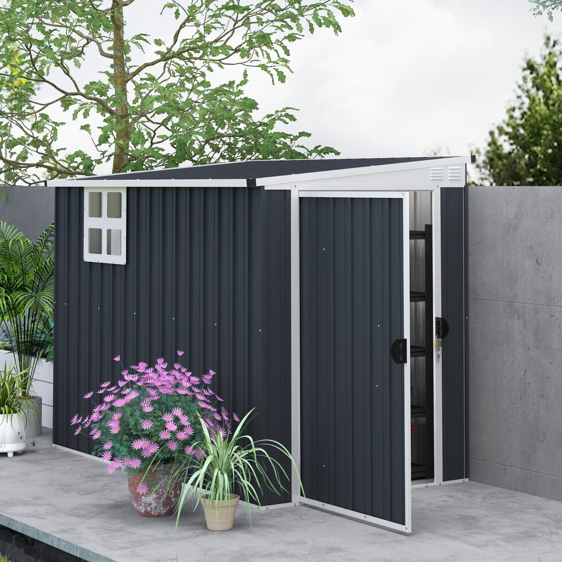 4' x 8' Outdoor Storage Shed, Metal Garden Shed with Window, 2 Vents and Lockable Door, for Backyard, Garden, Lawn, Dark Grey