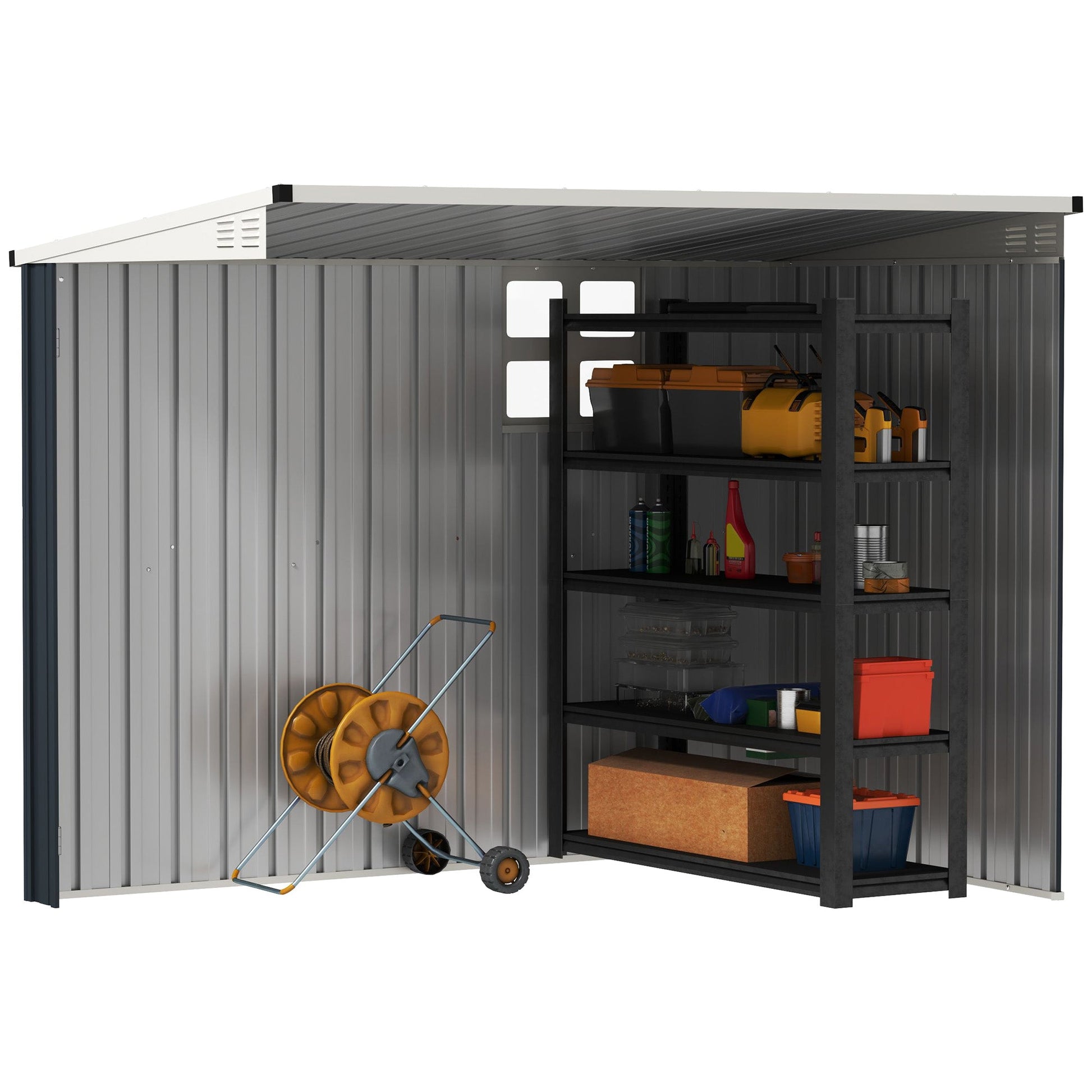 4' x 8' Outdoor Storage Shed, Metal Garden Shed with Window, 2 Vents and Lockable Door, for Backyard, Garden, Lawn, Dark Grey