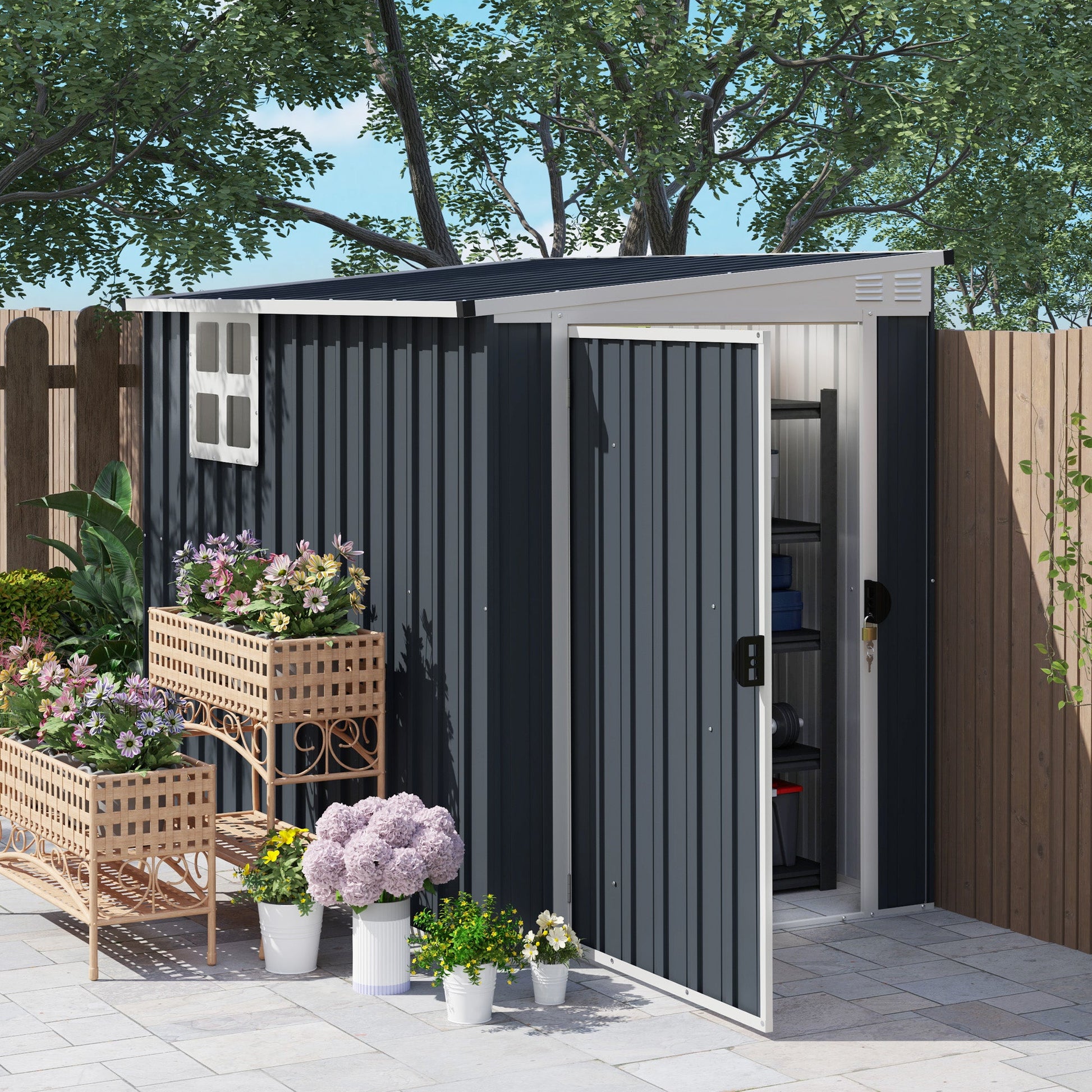4' x 8' Outdoor Storage Shed, Metal Garden Shed with Window, 2 Vents and Lockable Door, for Backyard, Garden, Lawn, Dark Grey