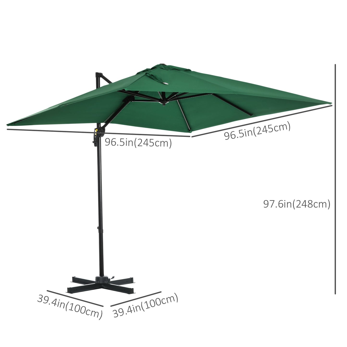 8' x 8' Square Patio Hanging Offset Umbrella with 360° Rotation, Aluminum Outdoor Cantilever Parasol with Crank & Tilt, Sun Canopy Shelter with Cross Base, Green