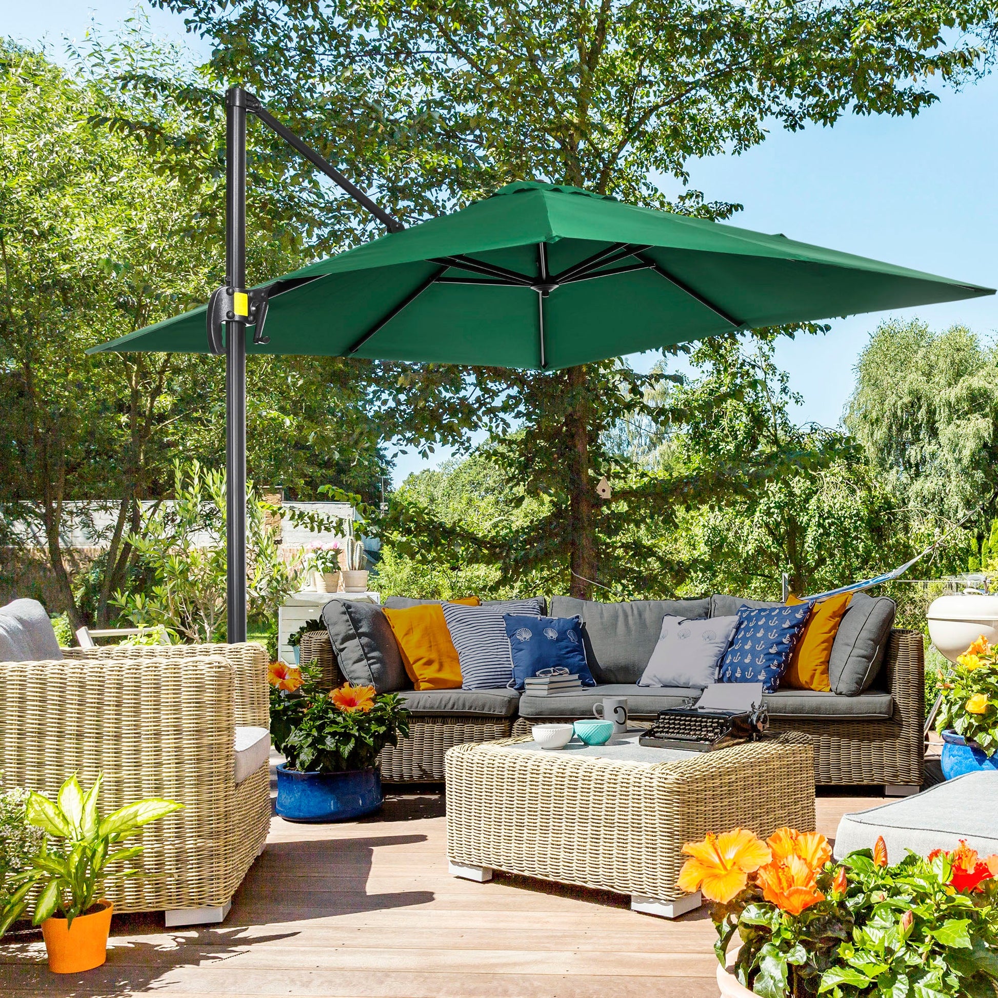 8' x 8' Square Patio Hanging Offset Umbrella with 360° Rotation, Aluminum Outdoor Cantilever Parasol with Crank & Tilt, Sun Canopy Shelter with Cross Base, Green