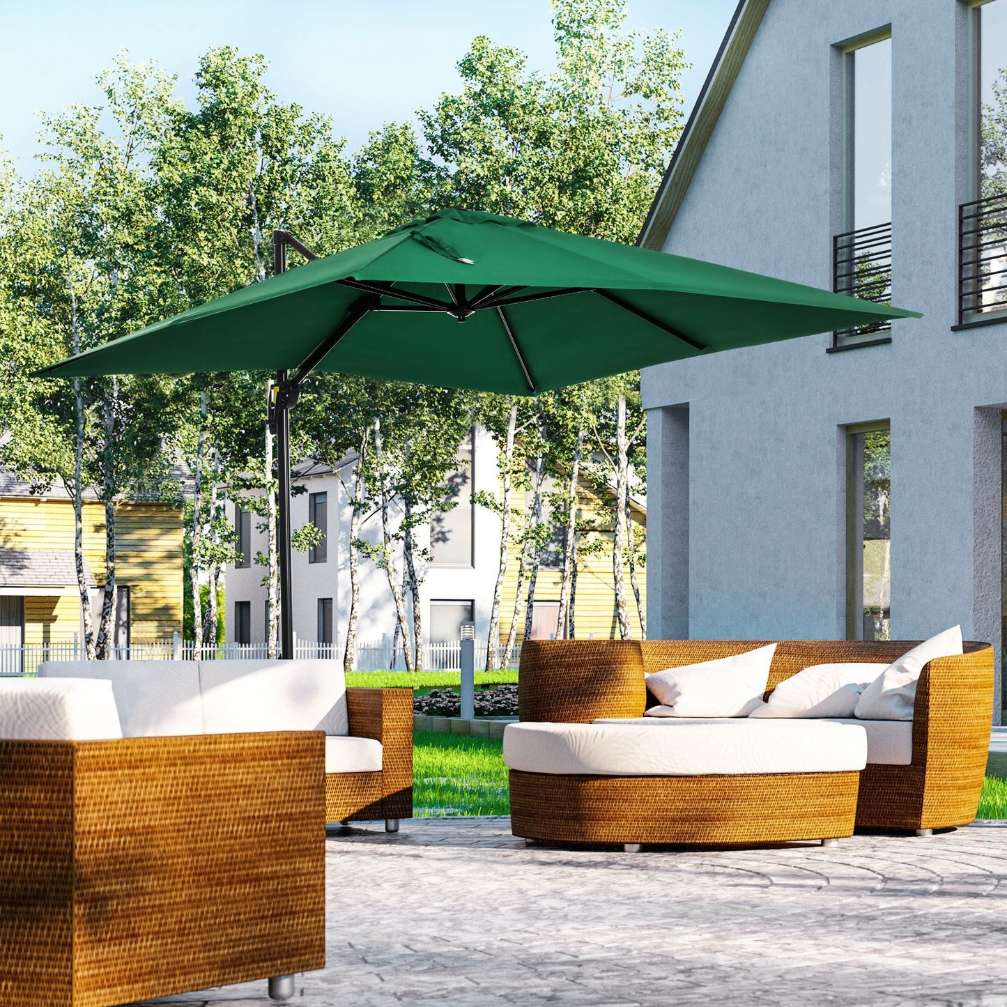 8' x 8' Square Patio Hanging Offset Umbrella with 360° Rotation, Aluminum Outdoor Cantilever Parasol with Crank & Tilt, Sun Canopy Shelter with Cross Base, Green